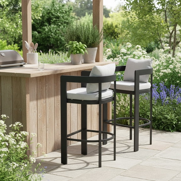 Christopher Knight Home 42"H Outdoor Patio Bar Stools Set of 2, Iron Frame with Light Gray Cushion