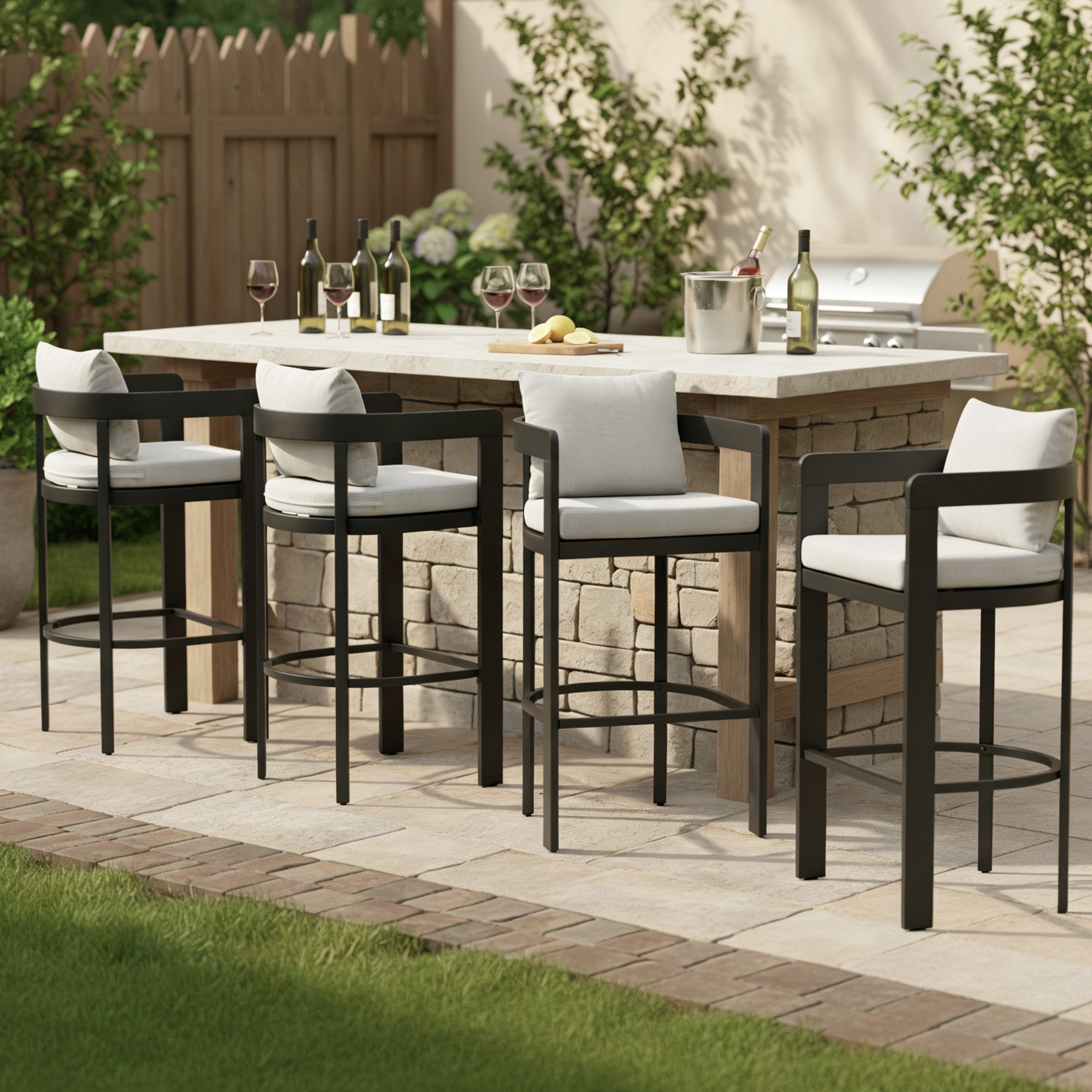 Christopher Knight Home 42"H Outdoor Patio Bar Stools Set of 4, Iron Frame with Light Gray Cushion