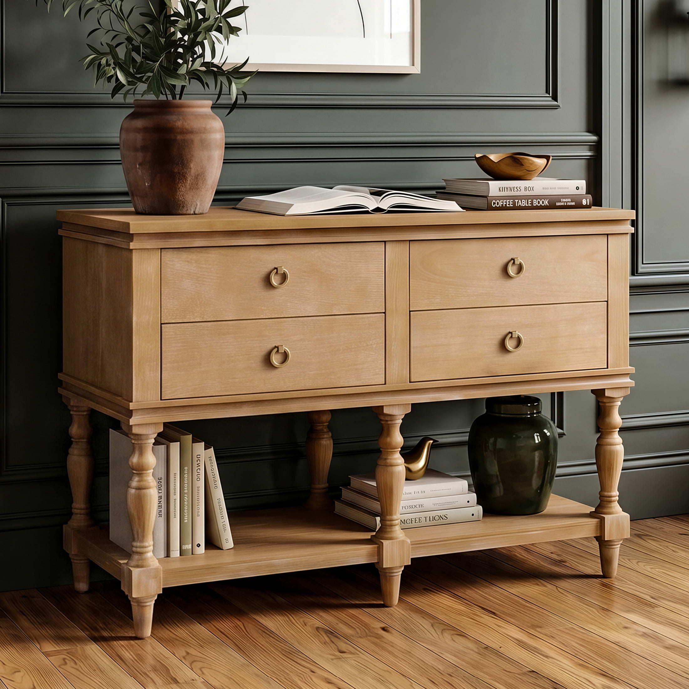 Christopher Knight Home 42" Vintage Console Table with 4 Soft-Close Drawers, Bottom Shelf, Natural