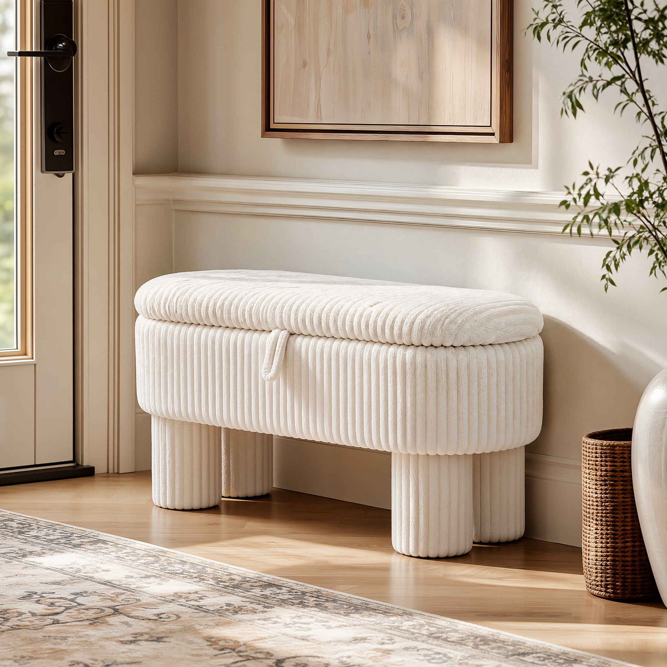 Christopher Knight Home 43" Modern Ottoman Bench, Corduroy Upholstery with Hidden Storage, Beige