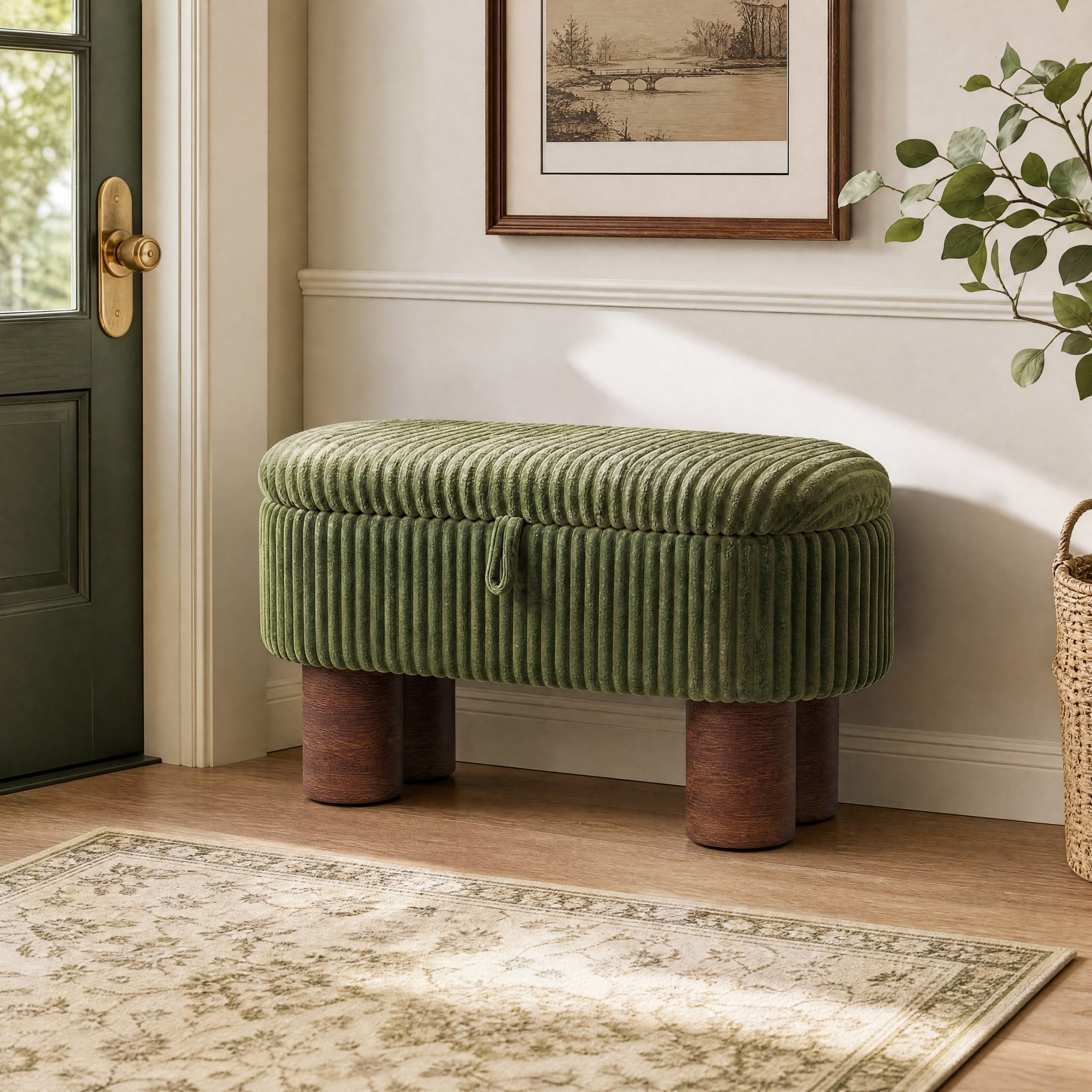 Christopher Knight Home 43" Modern Ottoman Bench, Corduroy Upholstery with Hidden Storage, Green
