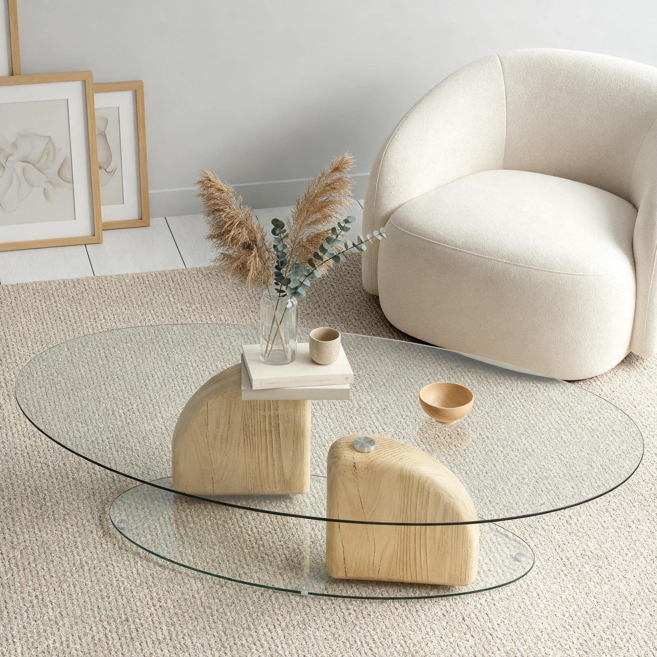 Christopher Knight Home 45.67" Modern Sculptural Oval Glass Coffee Table with MGO Base, Natural