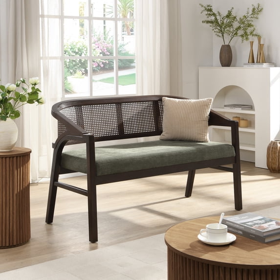 Christopher Knight Home 46.25" Mid Century Curved Cane Upholstered Loveseat, Espresso+Green