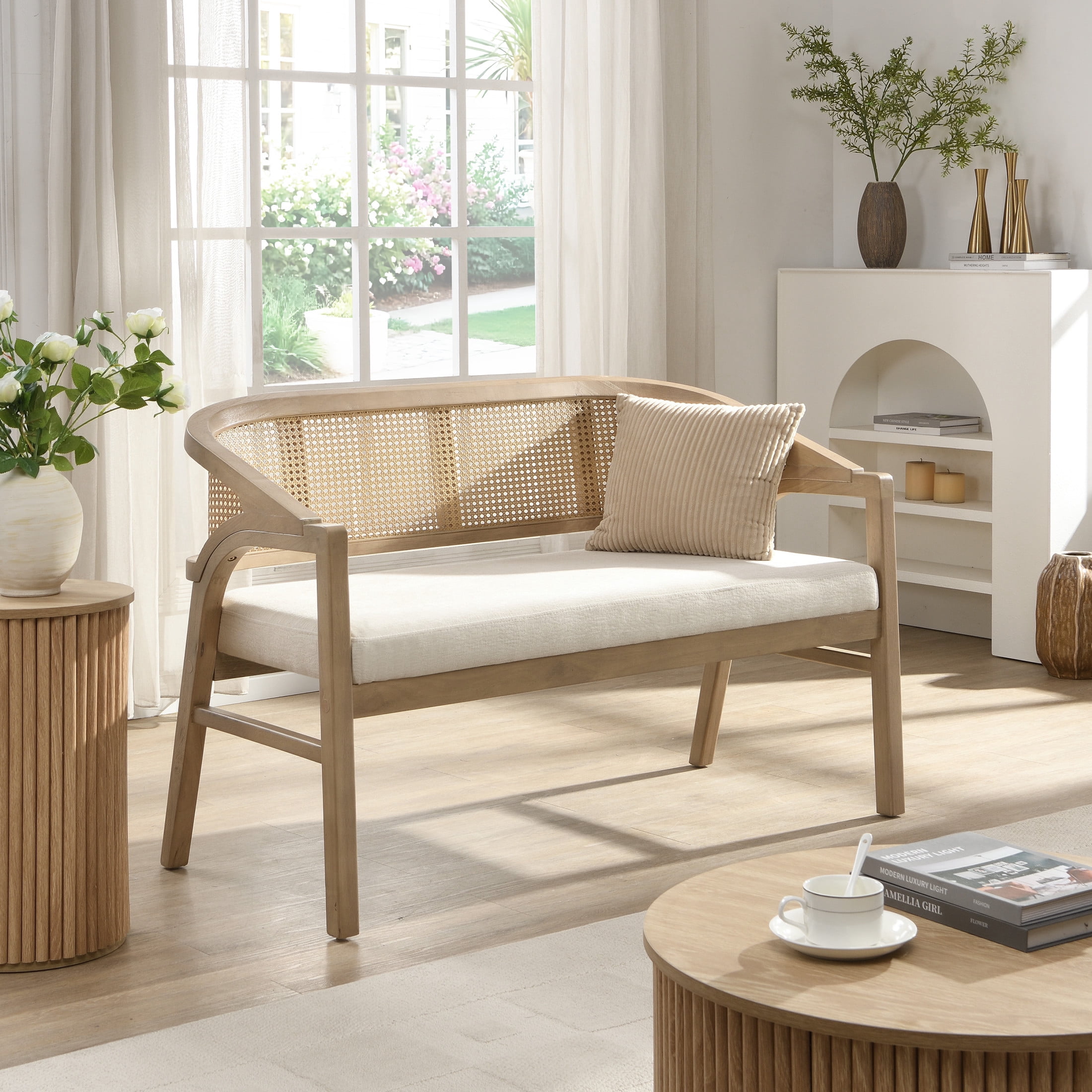 Christopher Knight Home 46.25" Mid Century Curved Cane Upholstered Loveseat, Light Ash+Beige