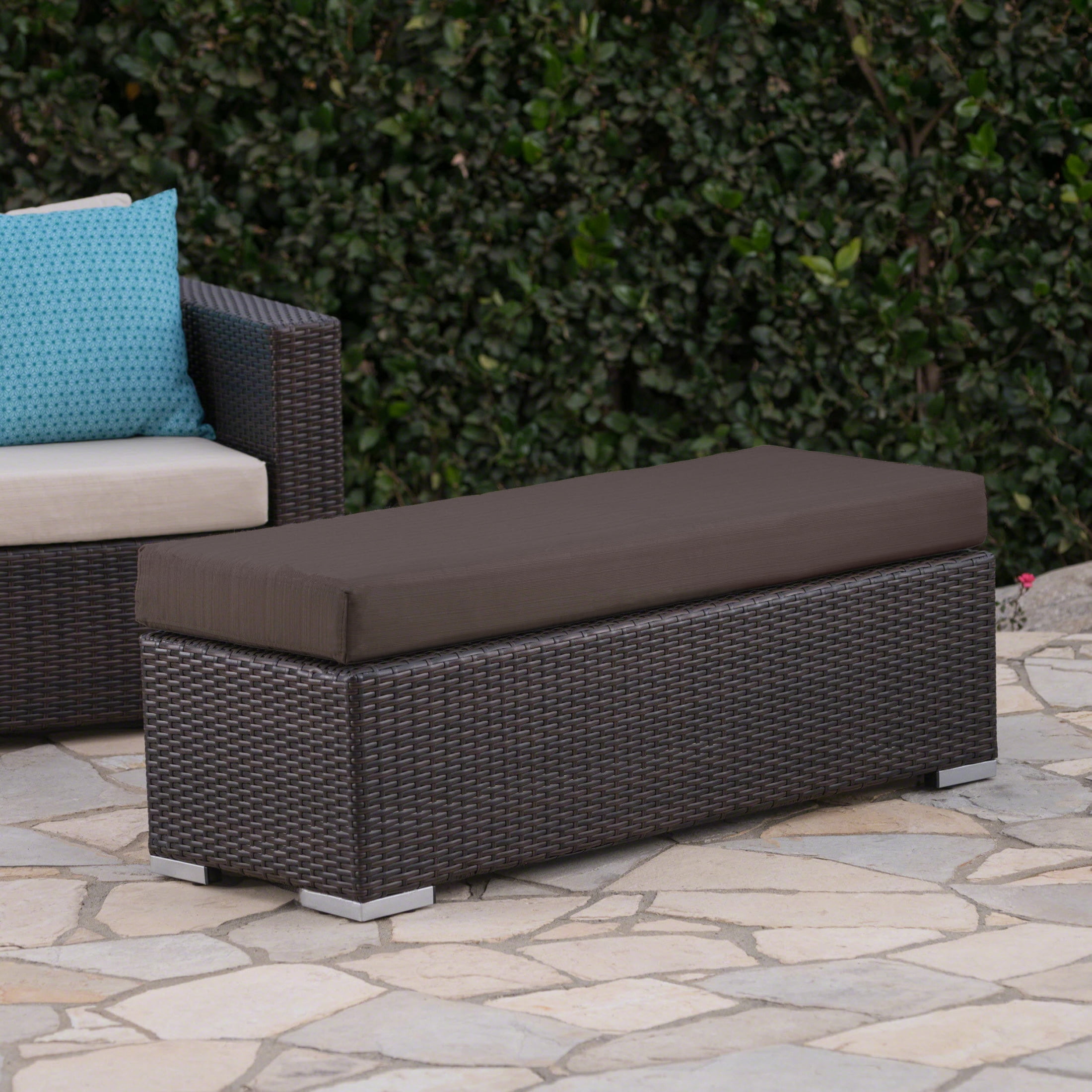 Christopher Knight Home 46.5'' Outdoor Wicker Bench with Cushion, Metal Frame, Brown