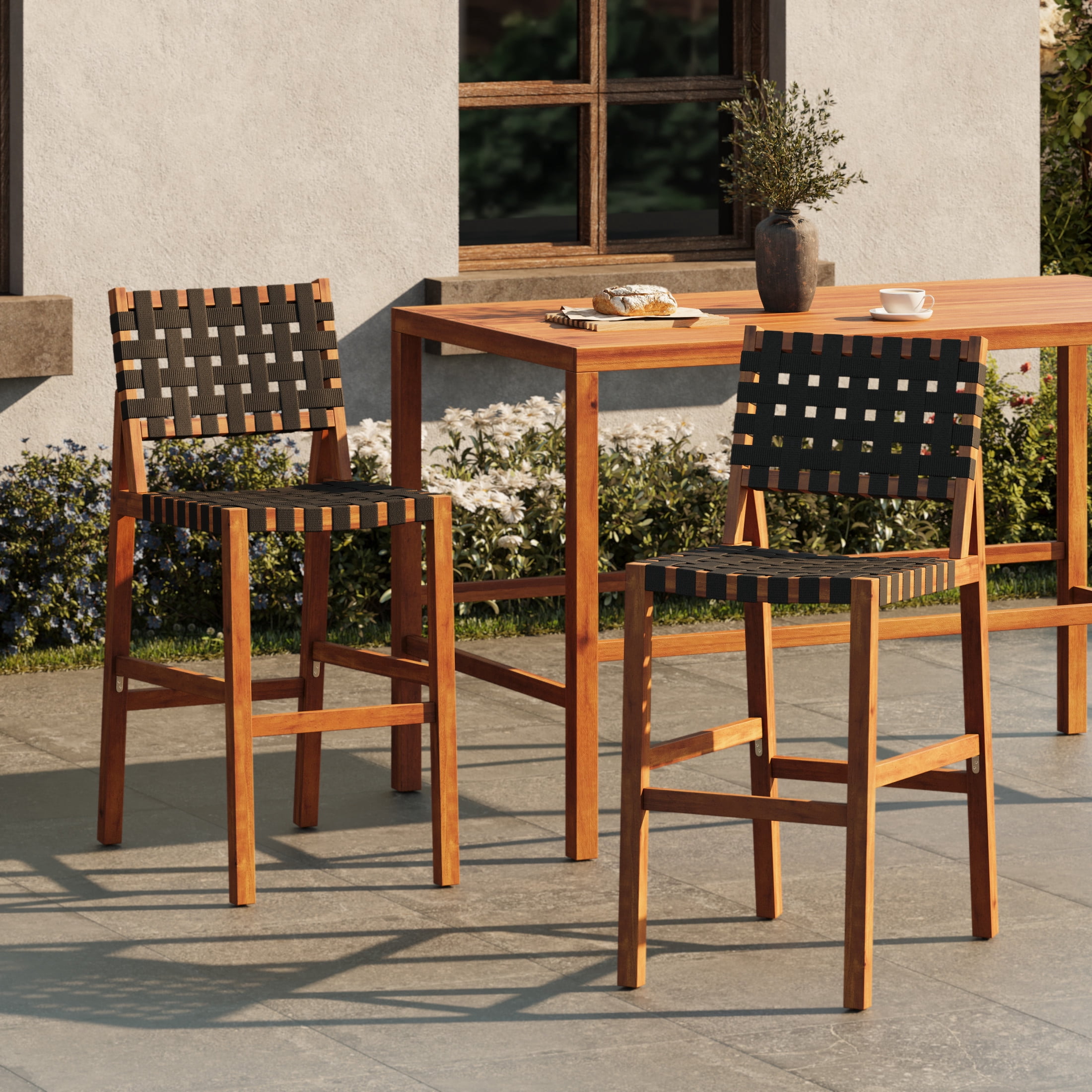 Christopher Knight Home 46"H Wooden Rope Back Outdoor Bar Height Dining Chair Set of 2, Teak+Black