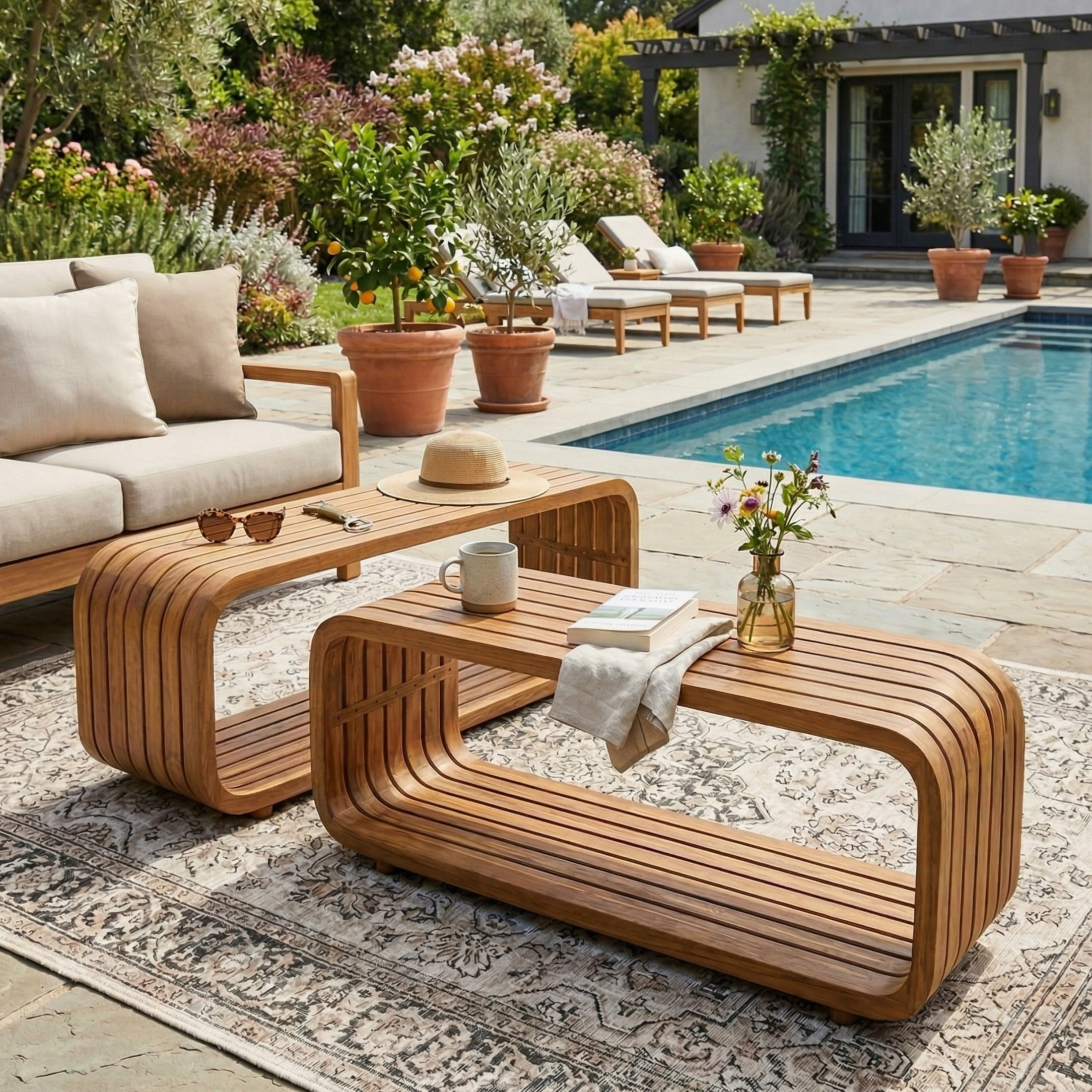 Christopher Knight Home 47.3" Wooden Coffee Table, Modern Outdoor Rectangular Table, Teak, Set of 2