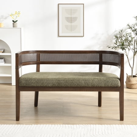 Christopher Knight Home 47.5" Rattan Boucle Upholstered Loveseat, Rubberwood Frame, Walnut+Green