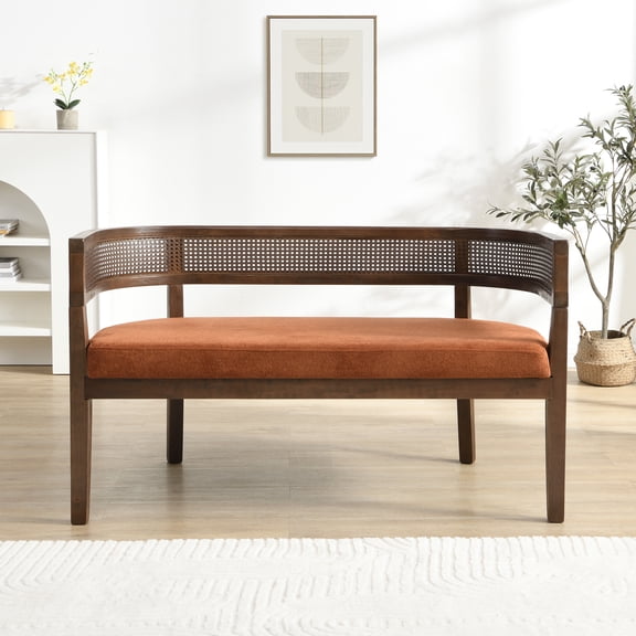 Christopher Knight Home 47.5" Rattan Fabric Upholstered Loveseat, Rubberwood Frame, Walnut+Dark Orange