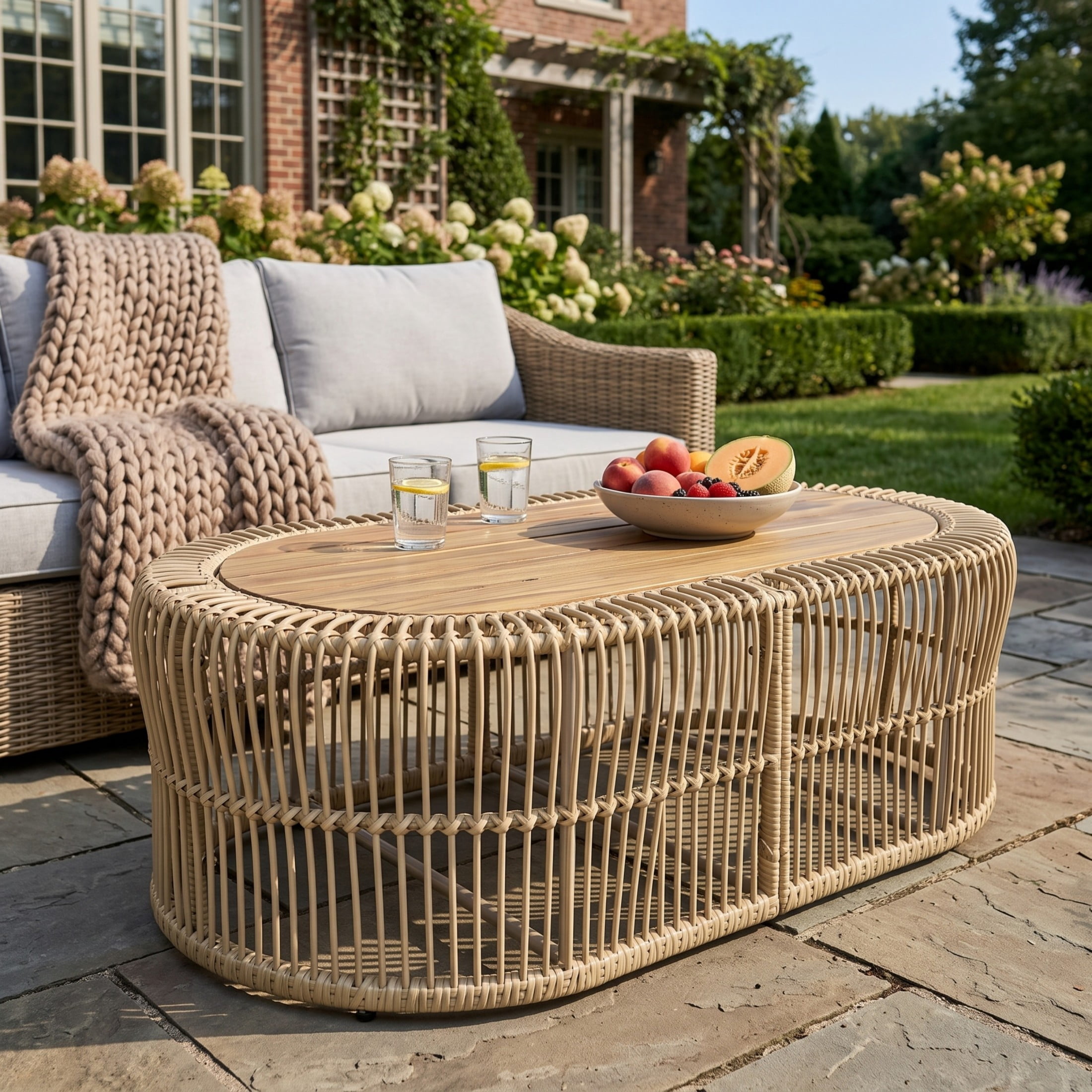 Christopher Knight Home 47" Boho Oval Wicker Frame Coffee Table with Acacia Wood Top, Light Brown