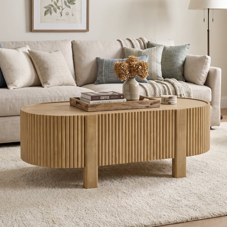 Christopher Knight Home 47" Modern Mid-Century Oval Fluted Coffee Table with Hidden Drawer, Natural