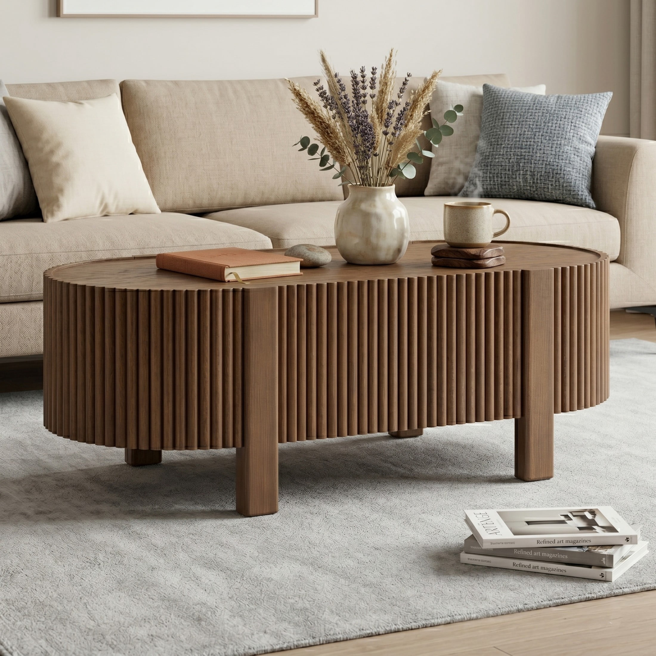 Christopher Knight Home 47" Modern Mid-Century Oval Fluted Coffee Table with Hidden Drawer, Walnut