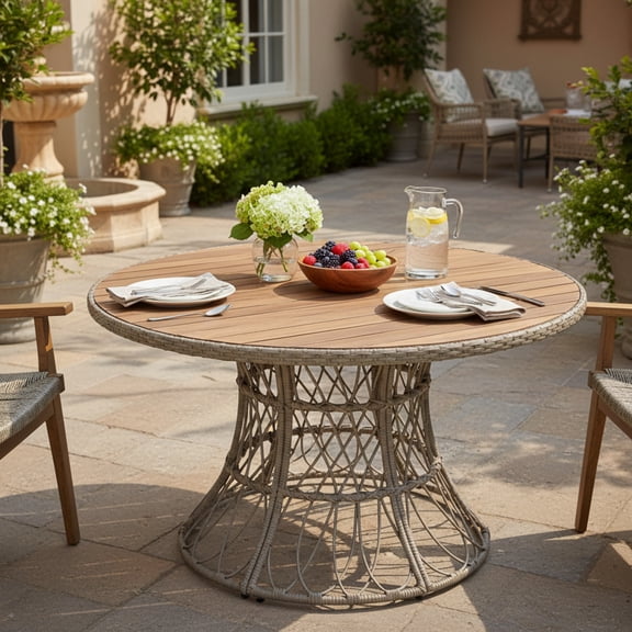 Christopher Knight Home 47" Outdoor Dining Table for 4 to 6, Round Wood Top with Wicker Base, Brown