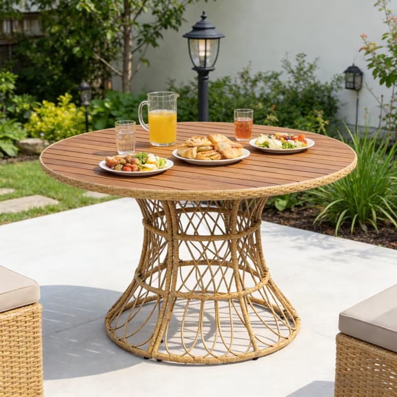 Christopher Knight Home 47" Outdoor Dining Table for 4 to 6, Round Wood Top with Wicker Base, Teak