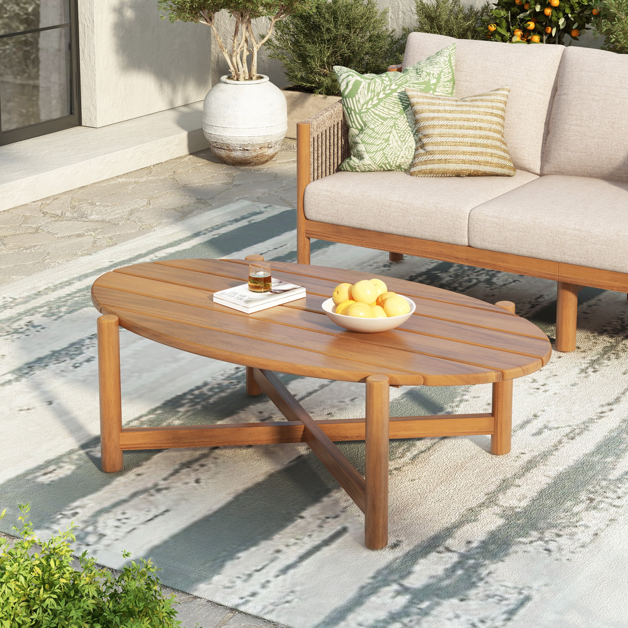 Christopher Knight Home 47" Outdoor Oval Coffee Table, Acacia Wood Slatted Patio Table, Light Teak