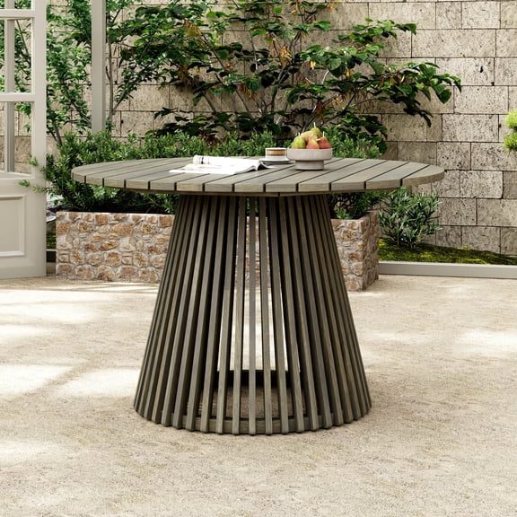 Christopher Knight Home 47" Round Outdoor Dining Table, Wood Patio Table with Slatted Pedestal Base, Grey