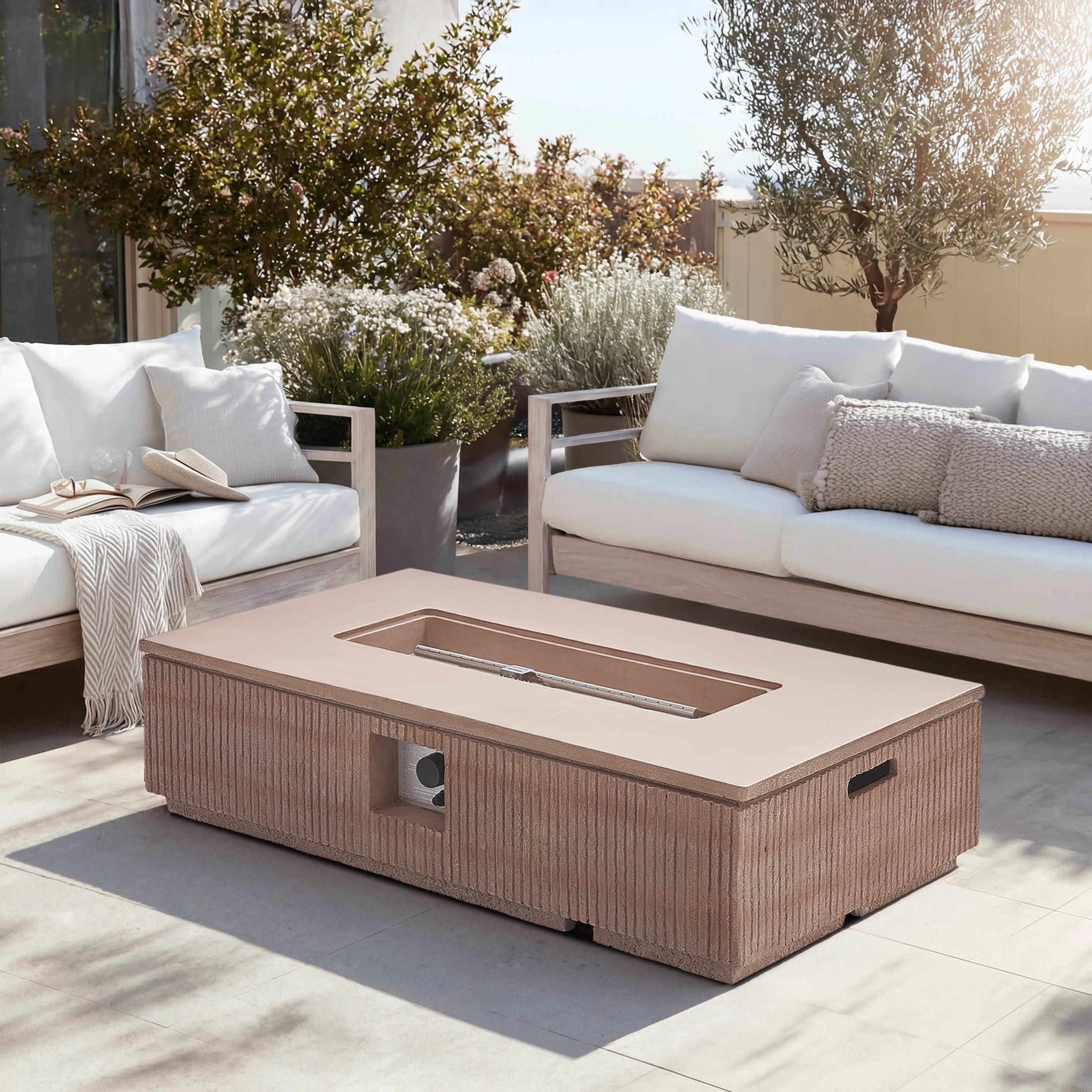 Christopher Knight Home 48.2" Rectangular Outdoor Propane Fire Pit, 50,000 BTU, Natural Travertine