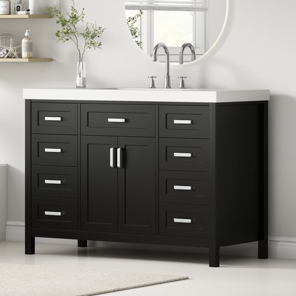 Christopher Knight Home 48" Bathroom Vanity with Sink, 2 Doors 8 Soft Close Drawers, Solid Wood MDF, Black