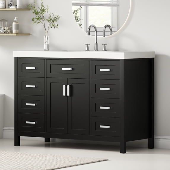 Christopher Knight Home 48" Bathroom Vanity with Sink, 2 Doors 8 Soft Close Drawers, Solid Wood MDF, Black
