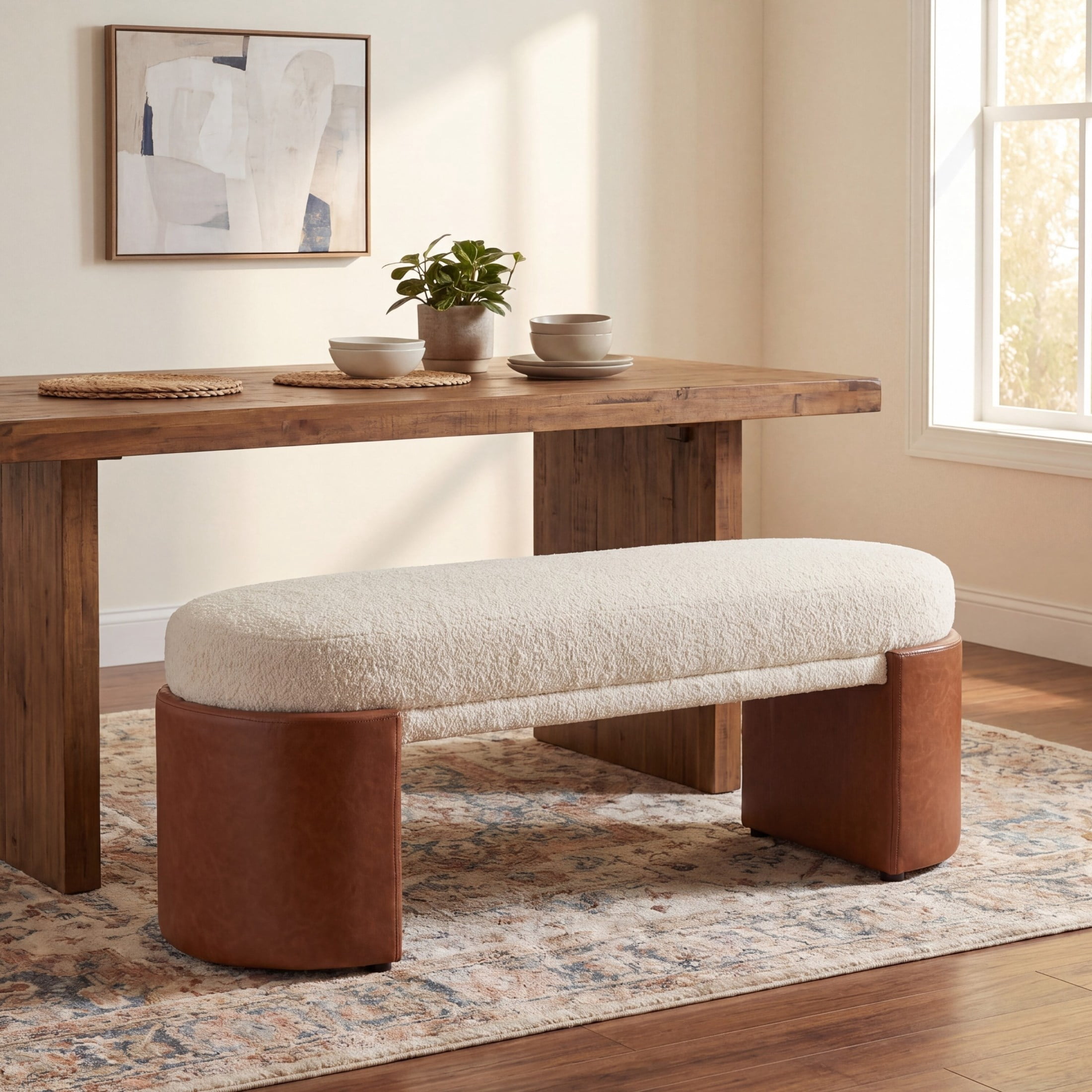 Christopher Knight Home 48" Modern Boucle Upholstered Ottoman Bench with PU Legs, Beige+Brown