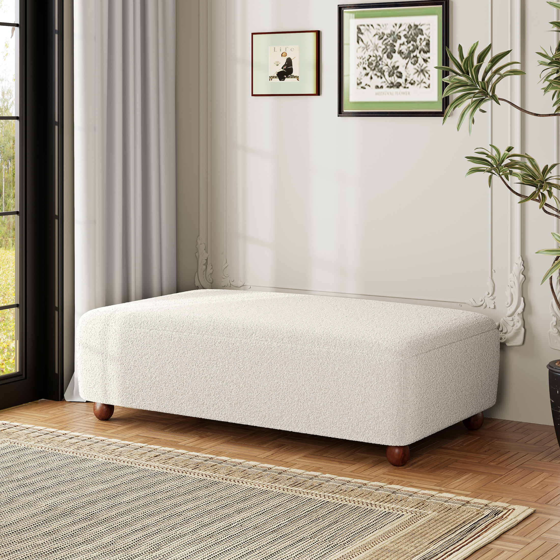 Christopher Knight Home 48" Modern Comfortable Ottoman Bench, Boucle Upholstery with Wooden Legs, White