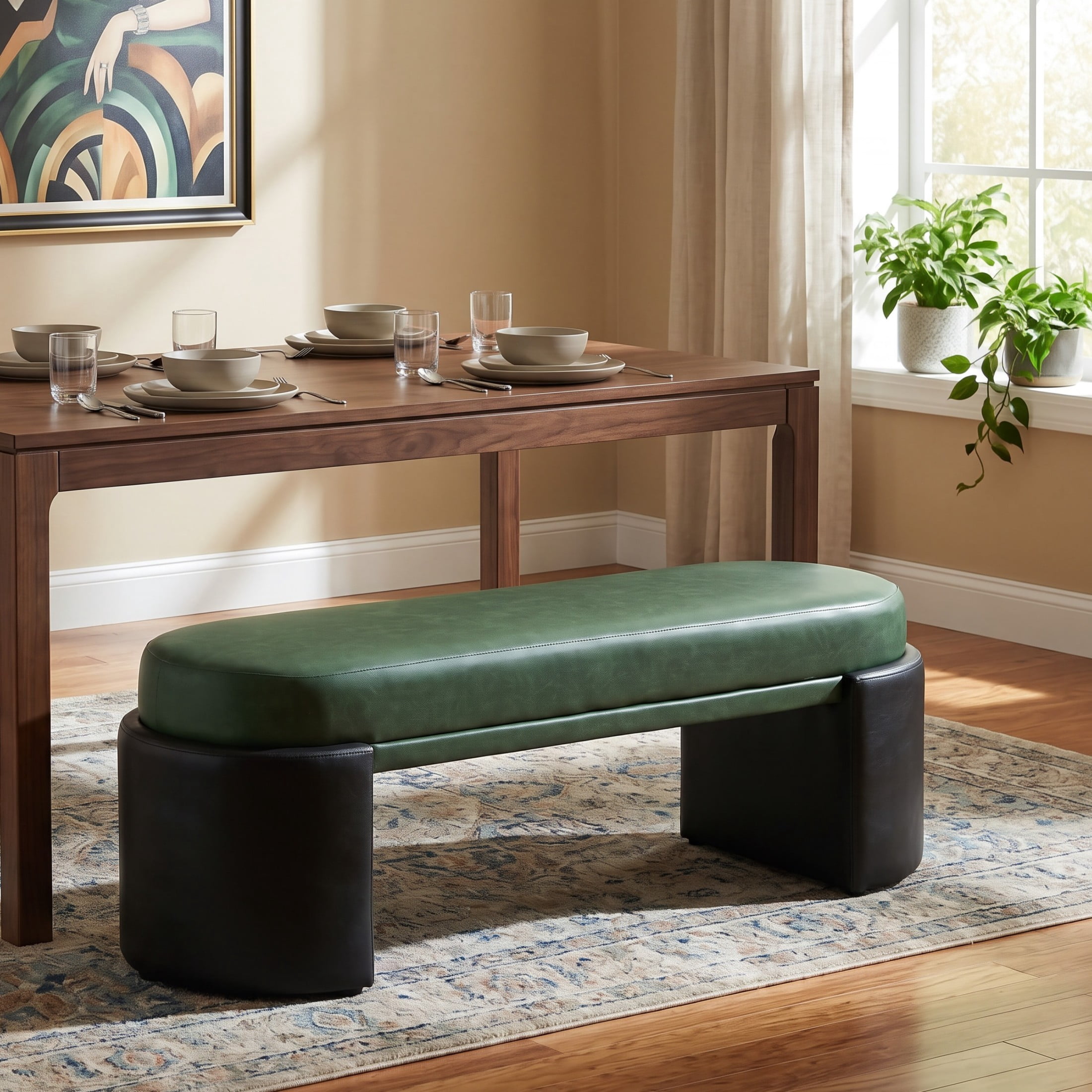 Christopher Knight Home 48" Modern PU Leather Upholstered Ottoman Bench with Legs, Green+Black