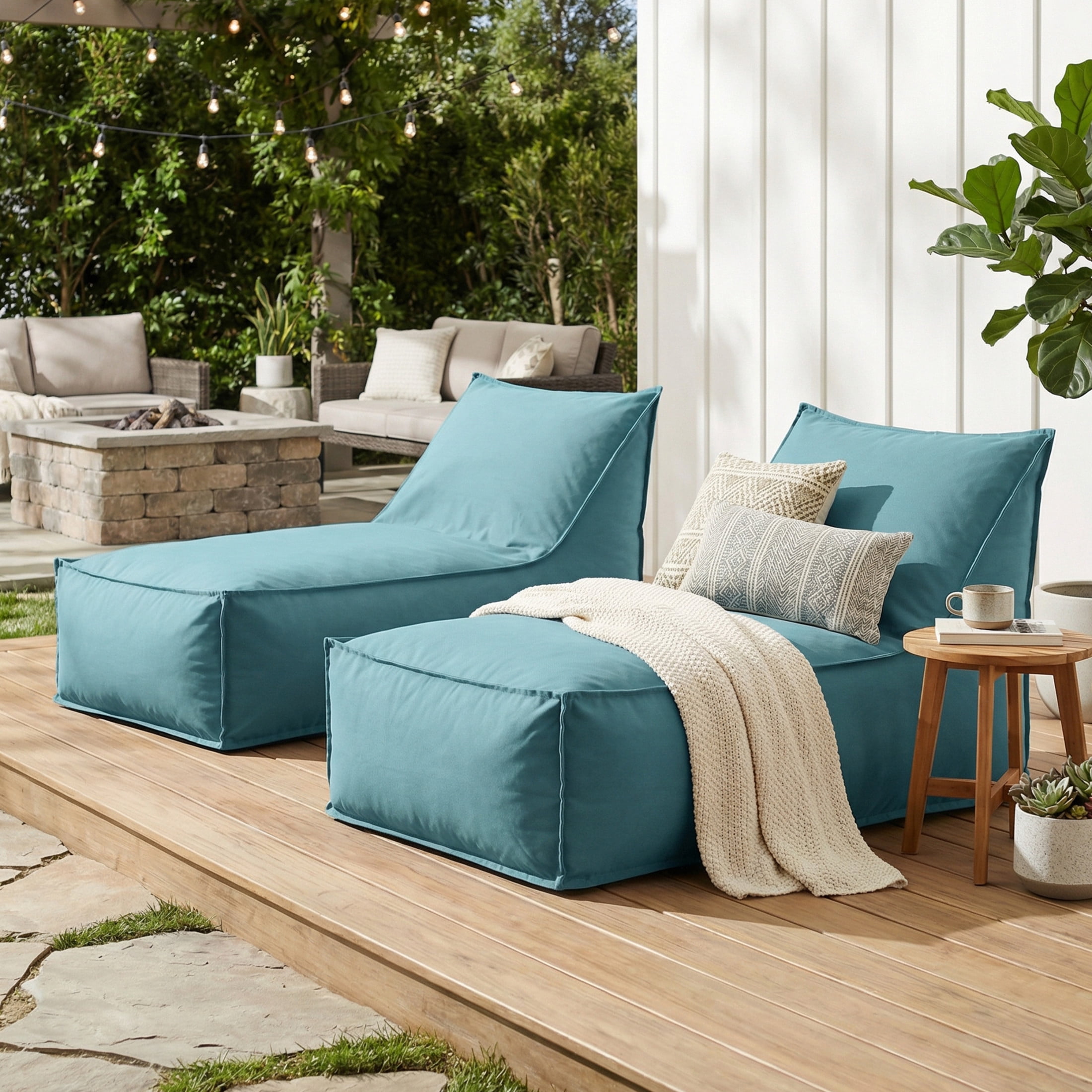 Christopher Knight Home 48" Outdoor Bean Bag Lounge Chair, Plush Foam Filled, Patio Garden Seating, Teal, Set of 2