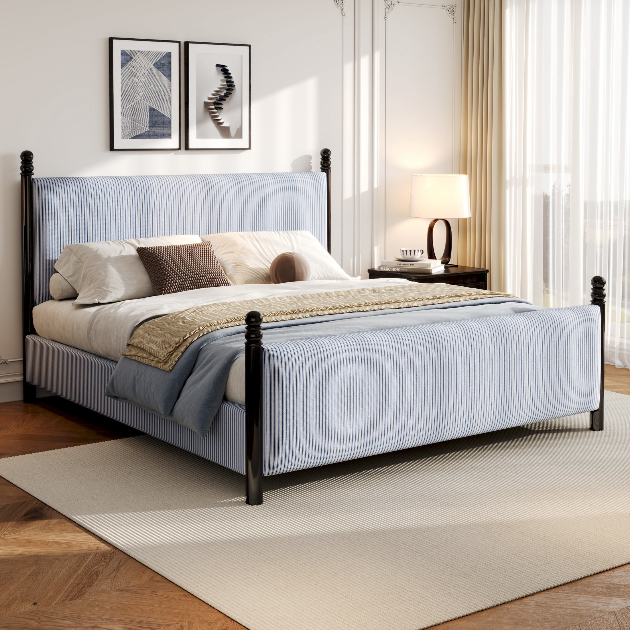 Christopher Knight Home 48" Striped King Upholstered Bed Frame with Headboard, Black+Blue White