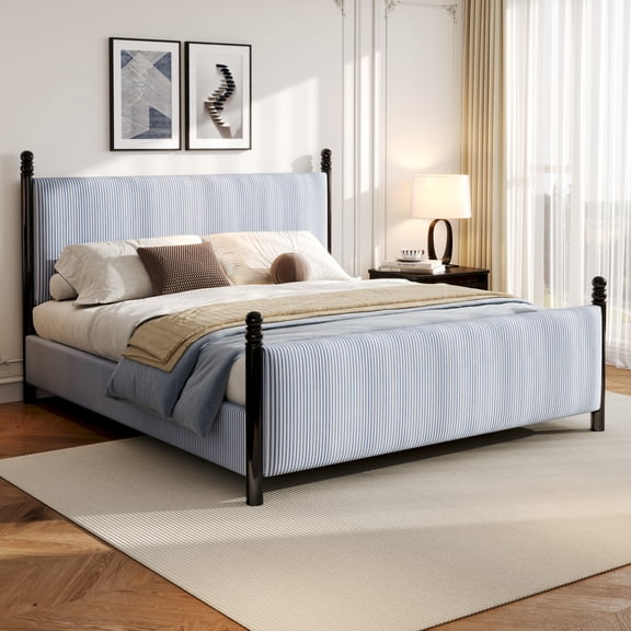 Christopher Knight Home 48" Striped King Upholstered Bed Frame with Headboard, Black+Blue White