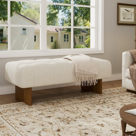 Christopher Knight Home 49.75" Rectangular Tufted Ottoman Bench, Upholstered Linen Fabric, Beige