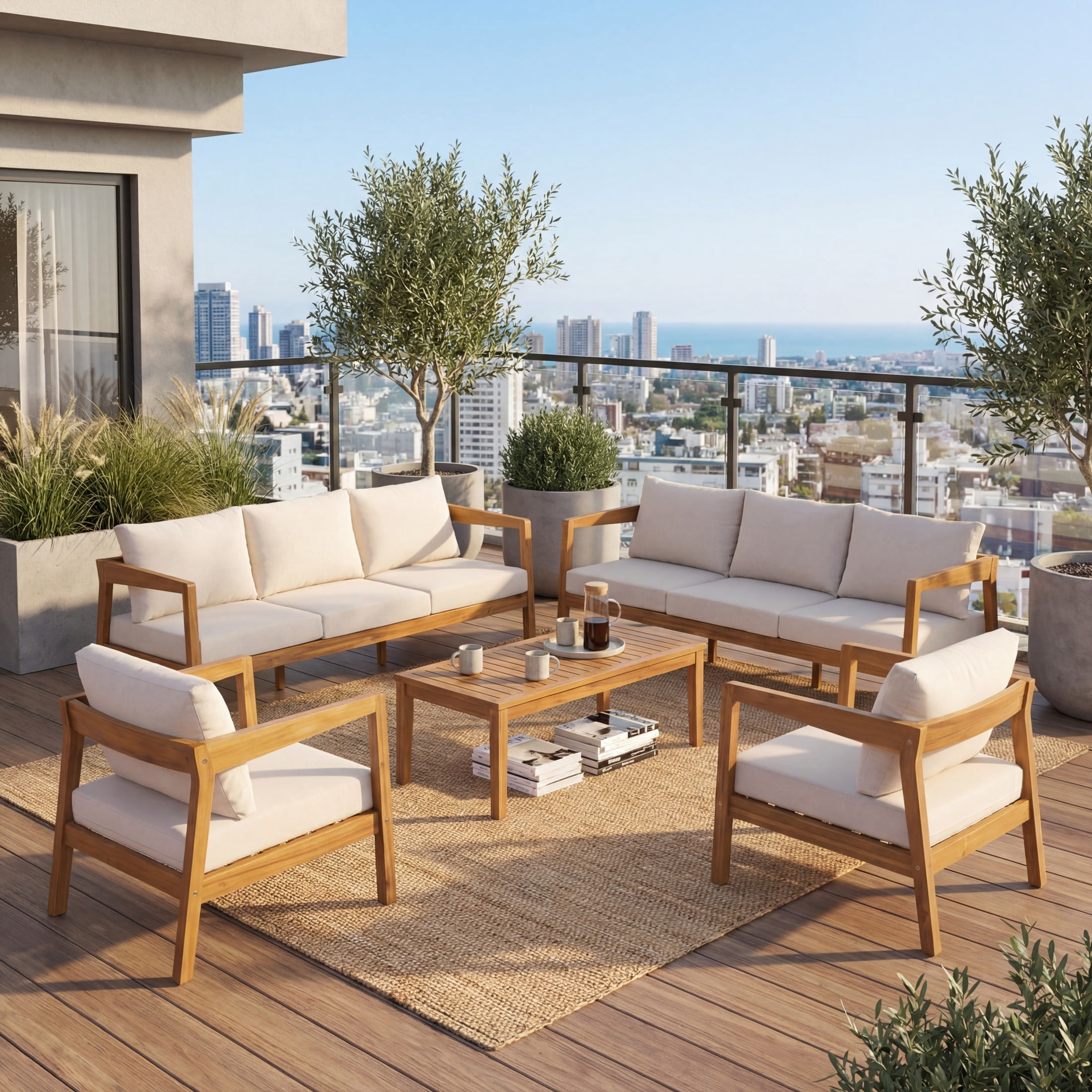 Christopher Knight Home 5-Piece Acacia Wood Outdoor Patio Furniture Set with 8 Seats, Teak+Beige