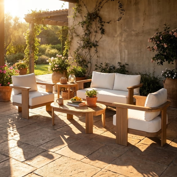 Christopher Knight Home 5-Piece Acacia Wood Patio Conversation Set with Tables, Beige Cushions, Light Teak
