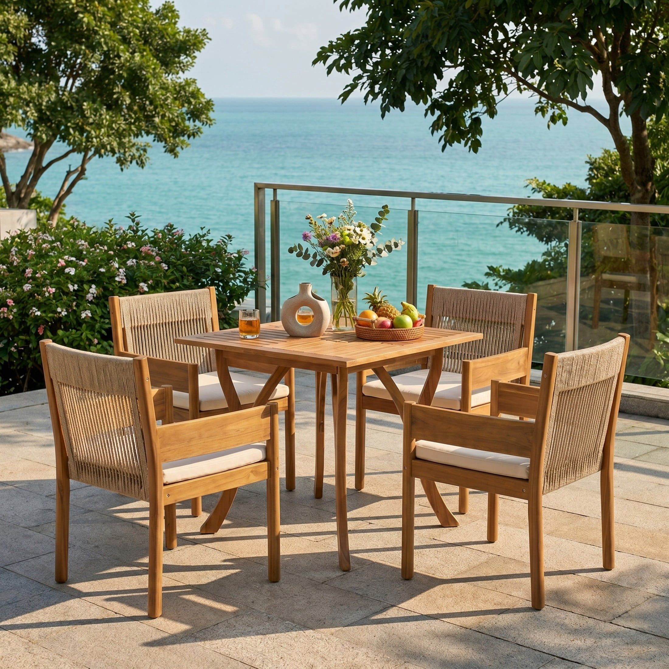 Christopher Knight Home 5-Piece Acacia Wood Patio Dining Set, Rope Chairs and Square Table, Teak+Beige