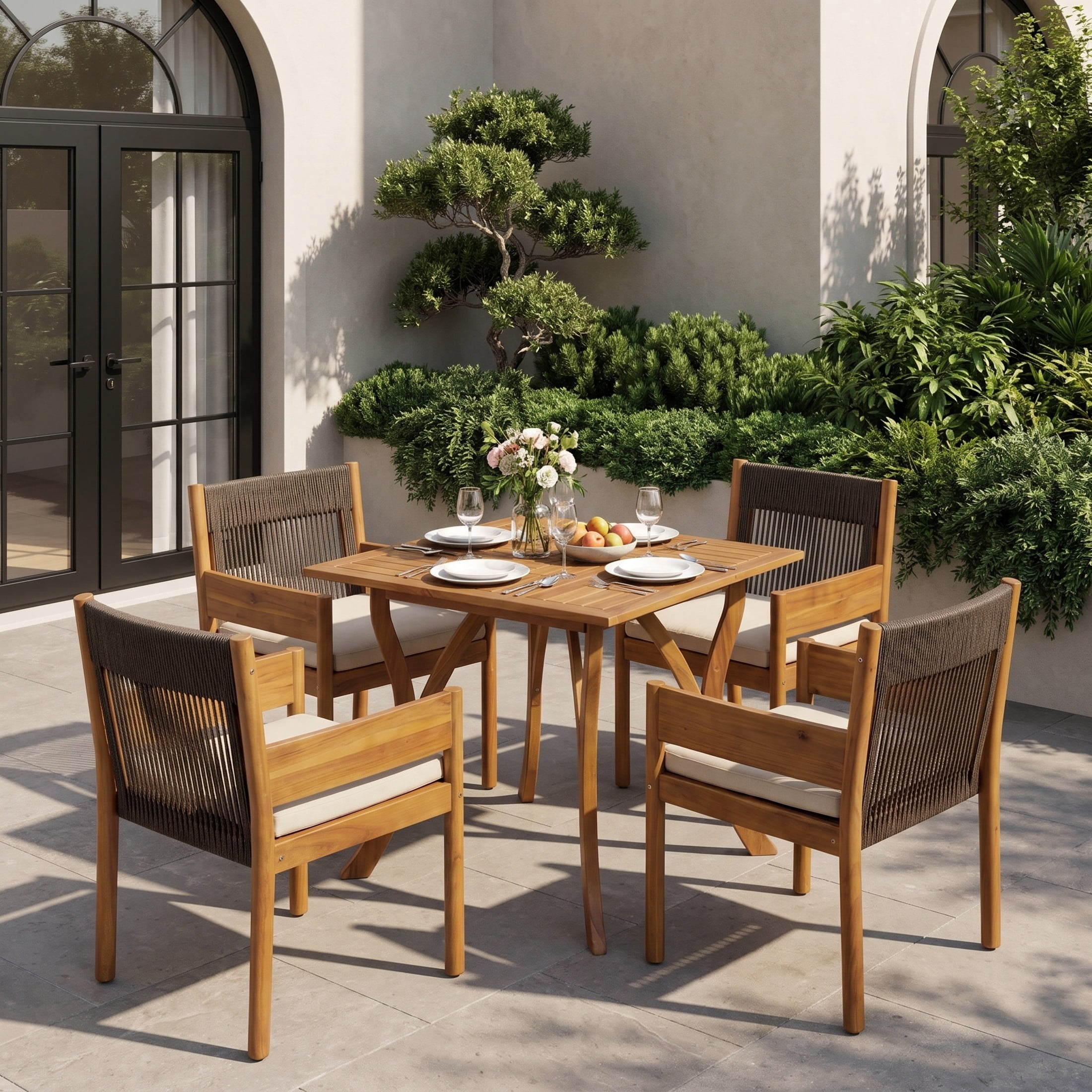 Christopher Knight Home 5-Piece Acacia Wood Patio Dining Set, Rope Chairs and Square Table, Teak+Black