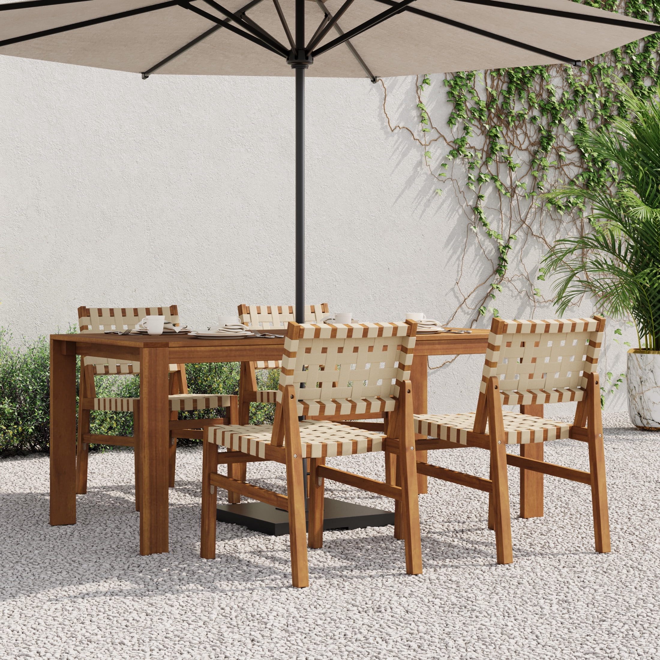 Christopher Knight Home 5-Piece Acacia Wood Patio Dining Set with Beige Rope Chairs and Slatted Table