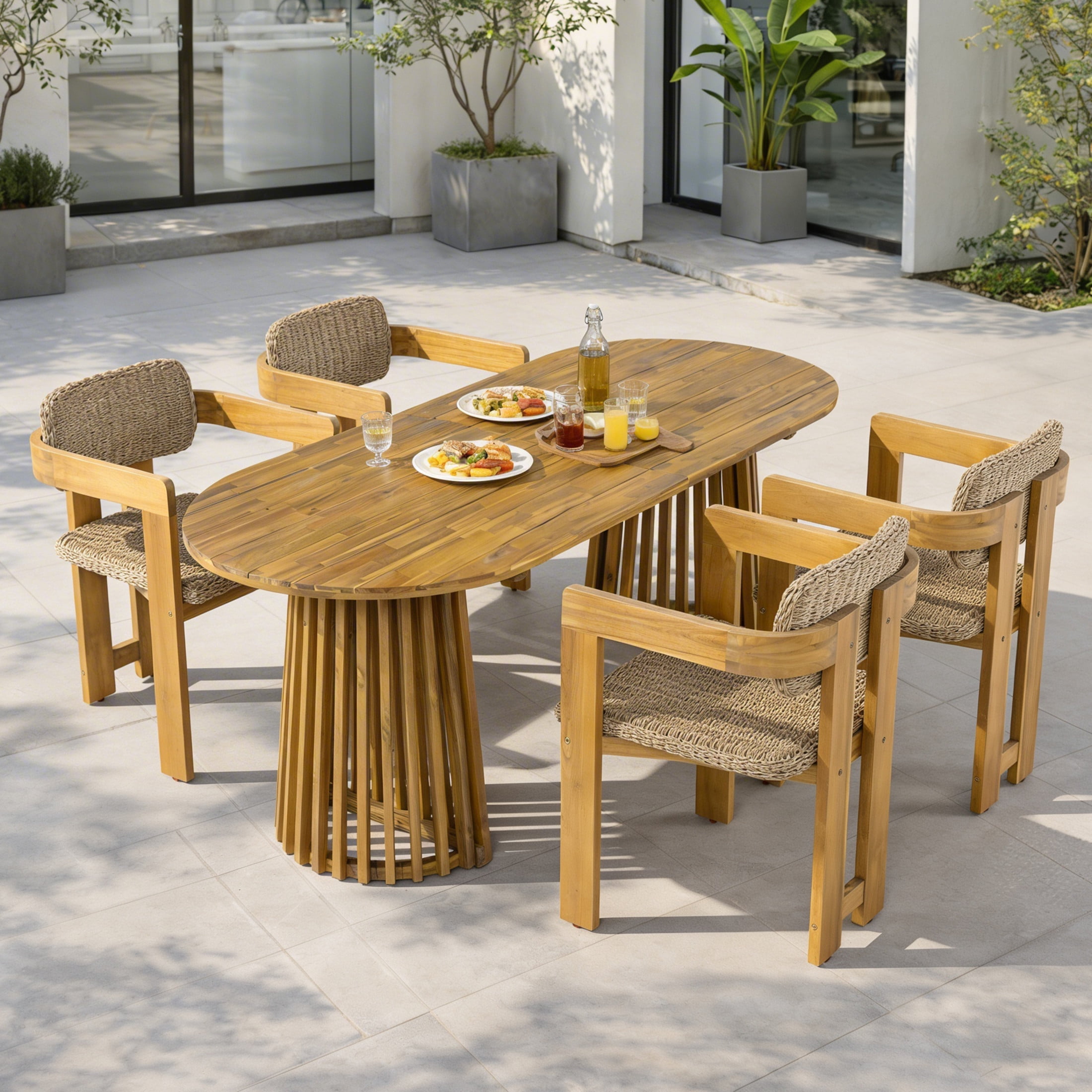 Christopher Knight Home 5-Piece Bohemian Outdoor Oval Dining Table with Rattan Armchairs, Light Brown+Teak