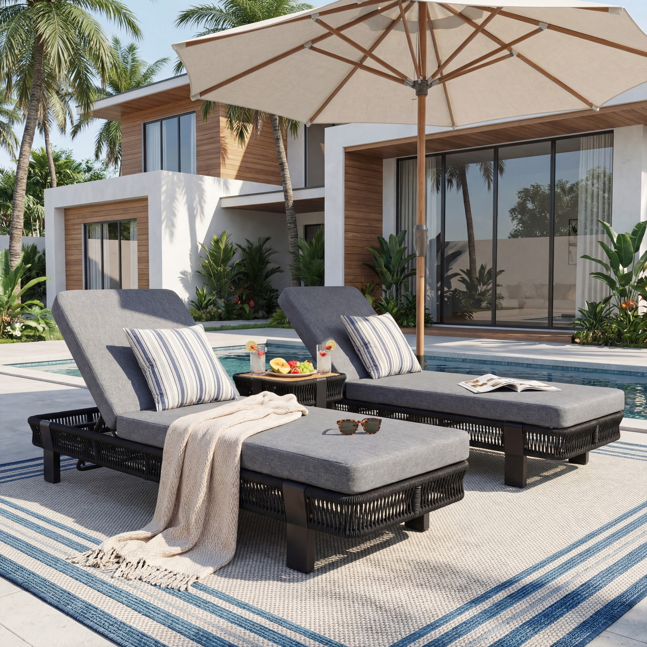 Christopher Knight Home 5-Piece Boho Outdoor Chaise Lounge Set with Table and Cushion, Gray+Black