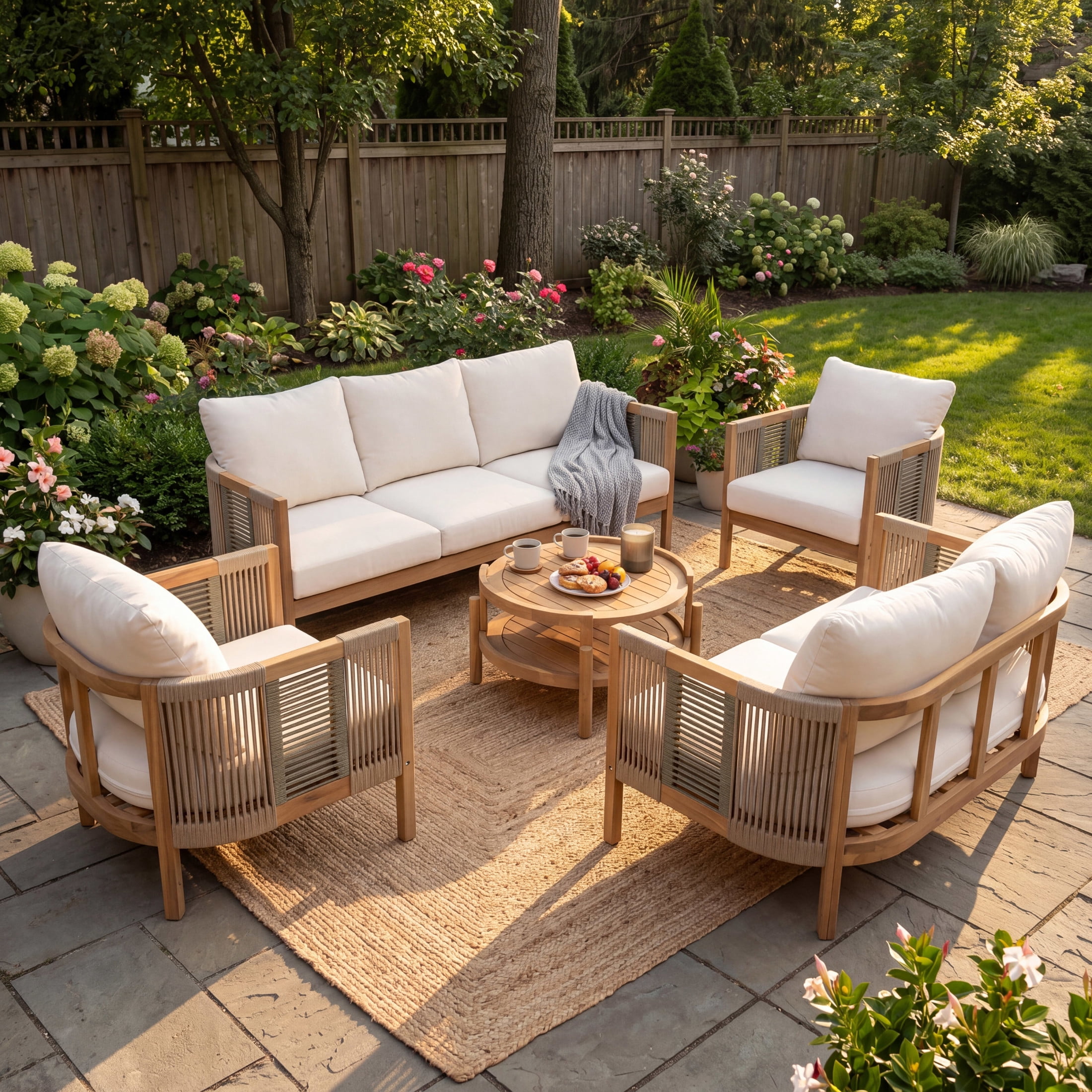 Christopher Knight Home 5-Piece Boho Outdoor Conversation Set with Cushions and Rope Accents, Teak+Beige