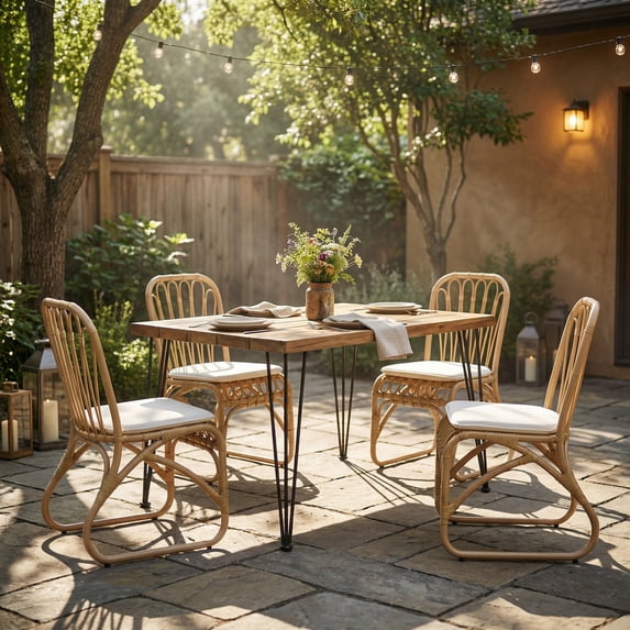 Christopher Knight Home 5-Piece Boho Outdoor Dining Set, Yellow Rattan Chairs with White Cushions