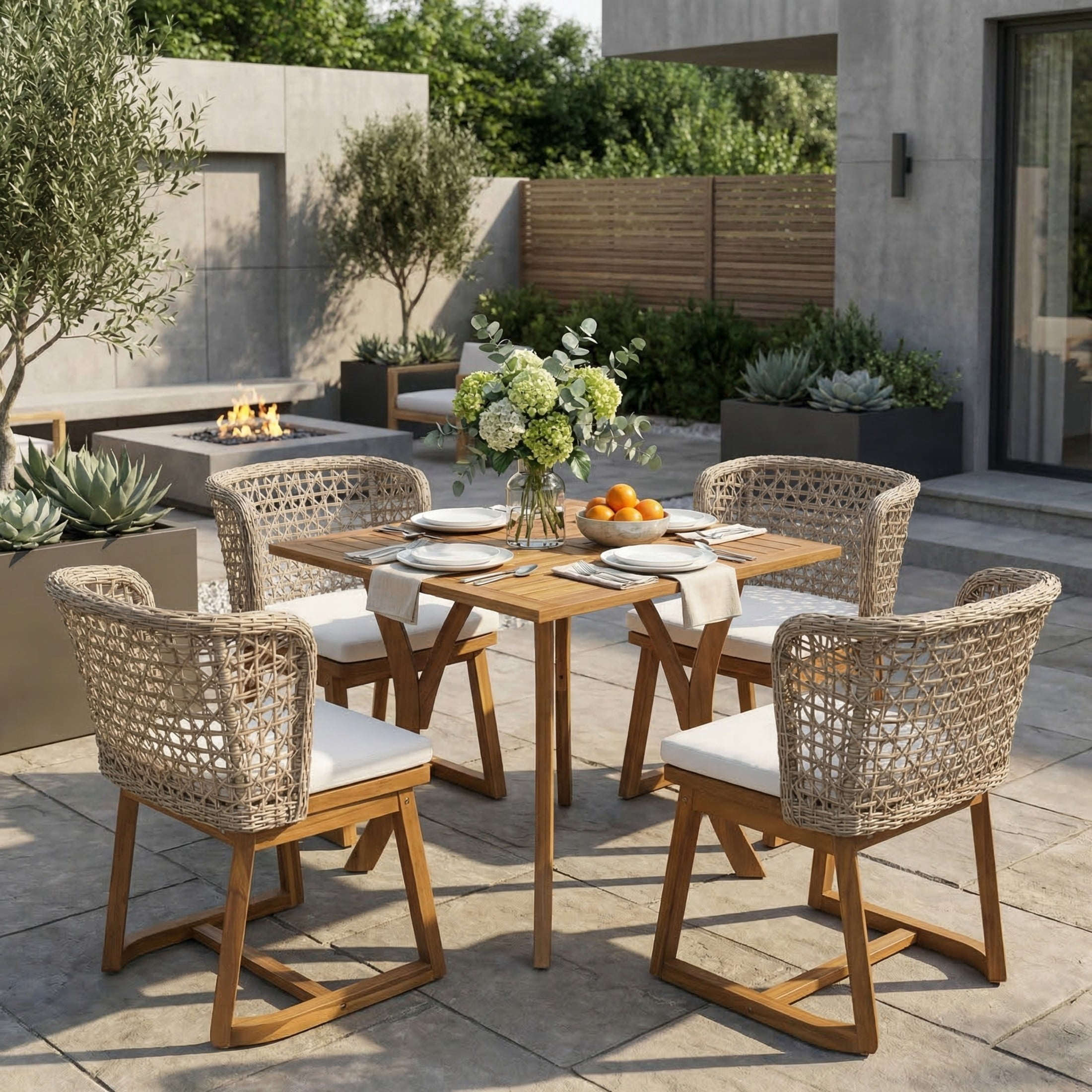Christopher Knight Home 5-Piece Boho Wicker Outdoor Dining Set with Beige Cushions, Teak Finish