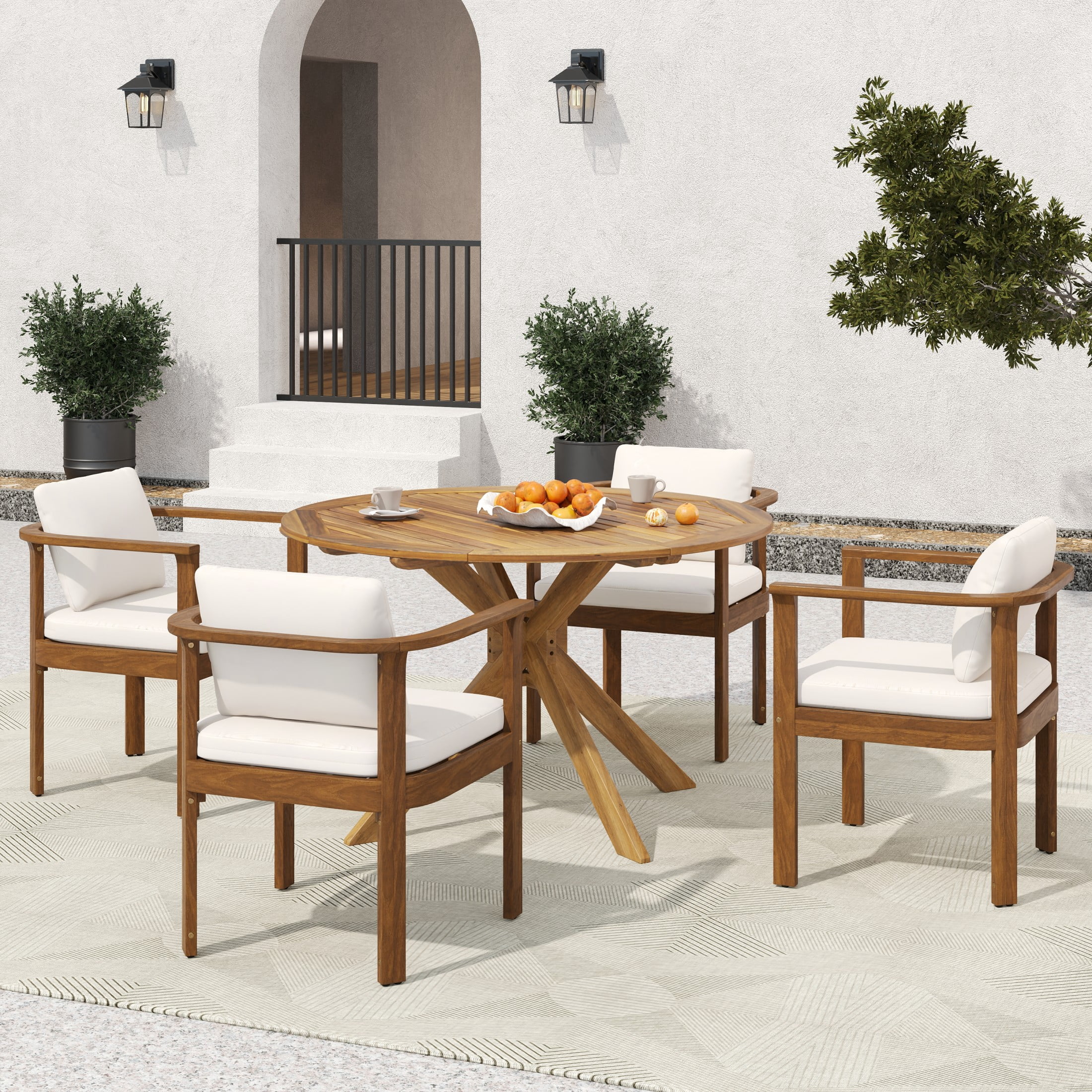 Christopher Knight Home 5-Piece Brown Rustic Outdoor Round Dining Table with Chairs, Cream Cushions