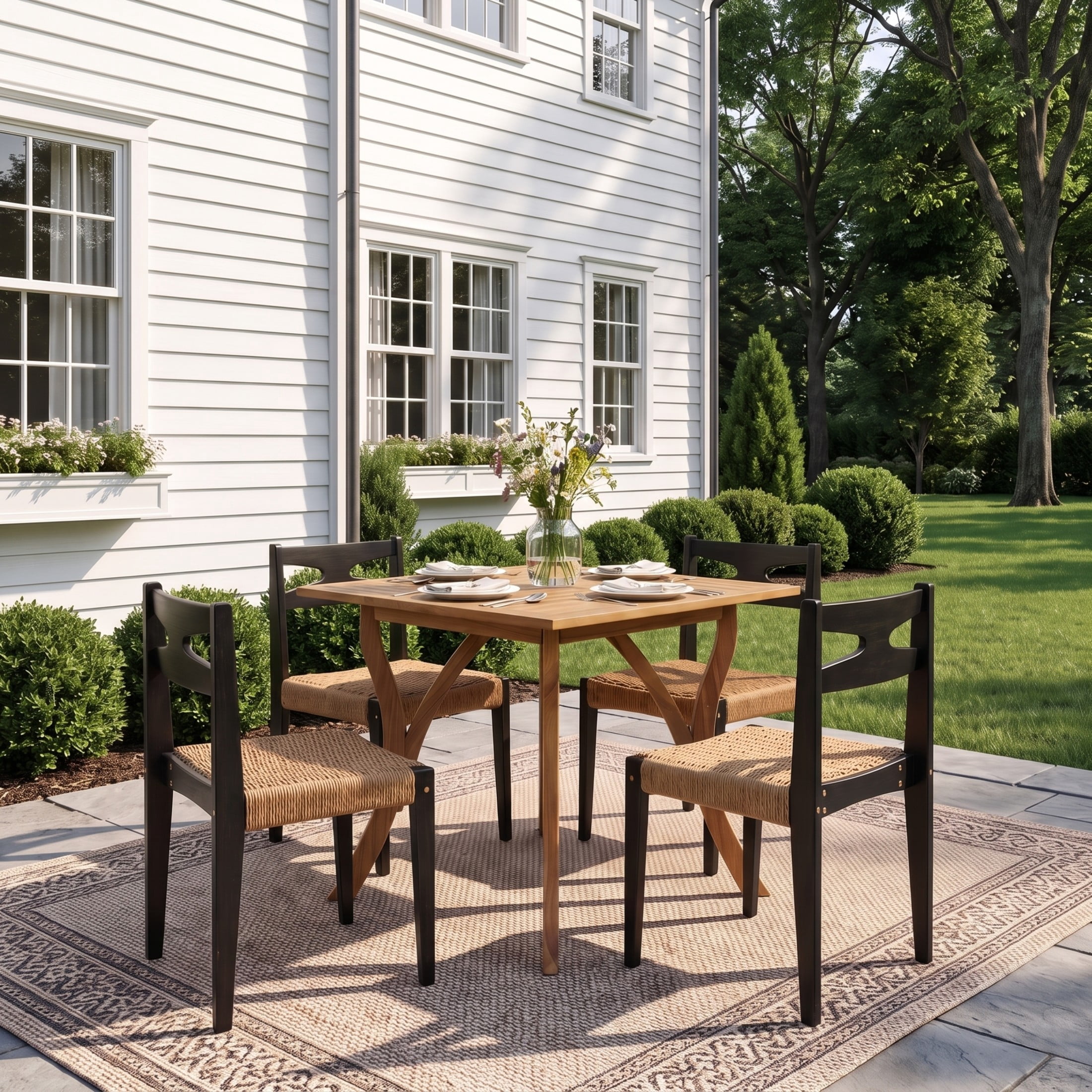 Christopher Knight Home 5-Piece Coastal Acacia Wood Outdoor Dining Set with Square Table, Teak+Black