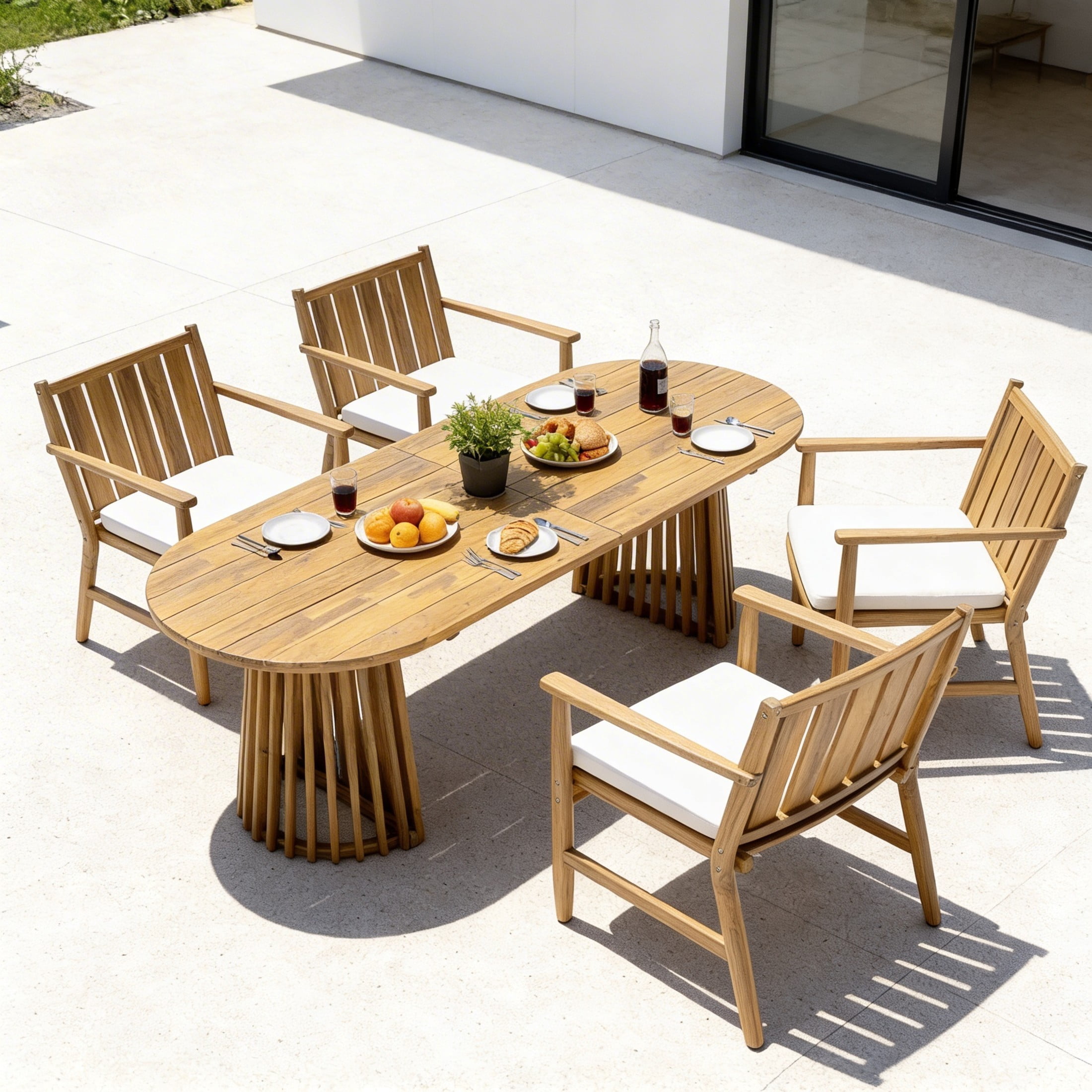 Christopher Knight Home 5-Piece Coastal Outdoor Dining Set with Oval Table and Armchairs, Teak+Beige