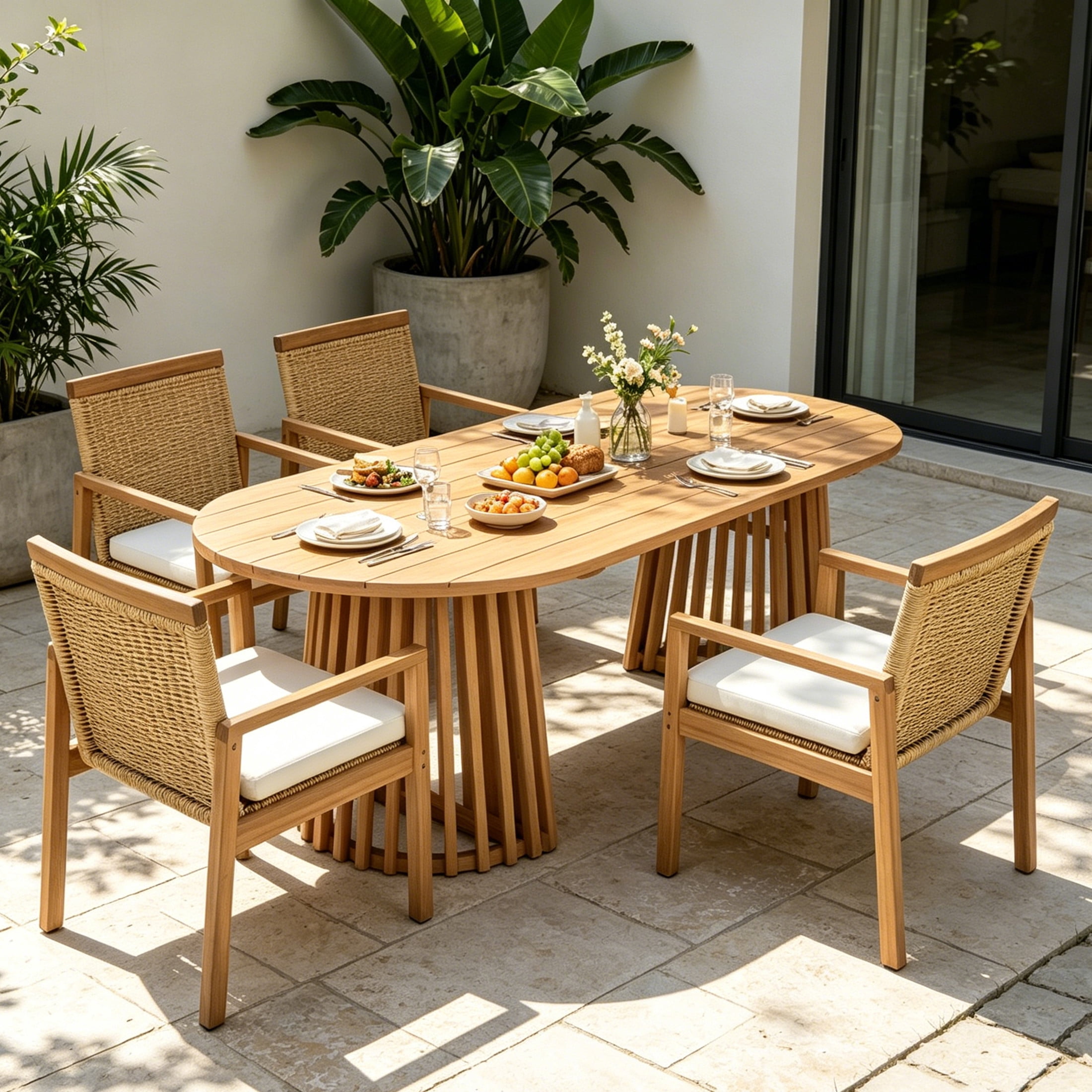 Christopher Knight Home 5-Piece Coastal Outdoor Wood Dining Set, Brown Oval Table and Light Teak Wicker Chairs