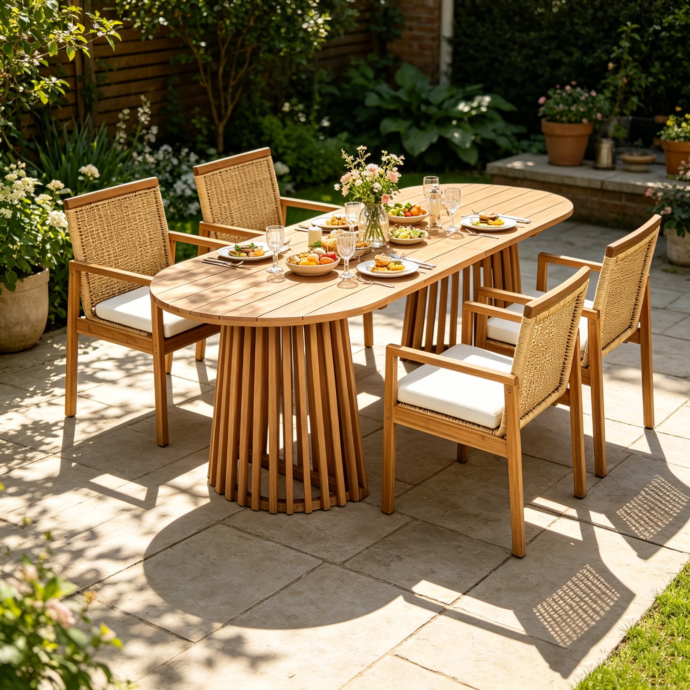 Christopher Knight Home 5-Piece Coastal Outdoor Wood Dining Set, Brown Oval Table and Natural Wicker Chairs
