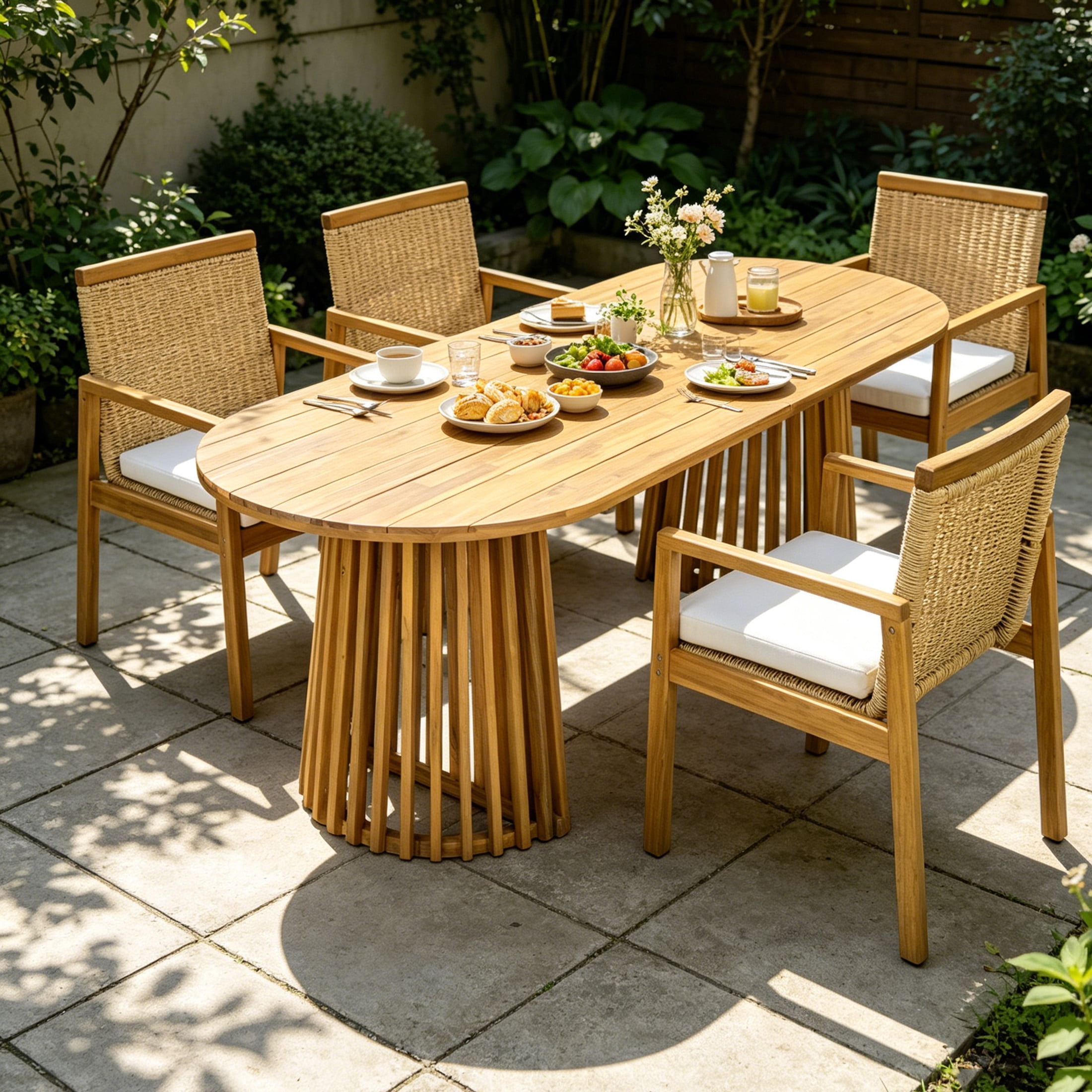 Christopher Knight Home 5-Piece Coastal Outdoor Wood Dining Set, Teak Oval Table and Natural Wicker Chairs