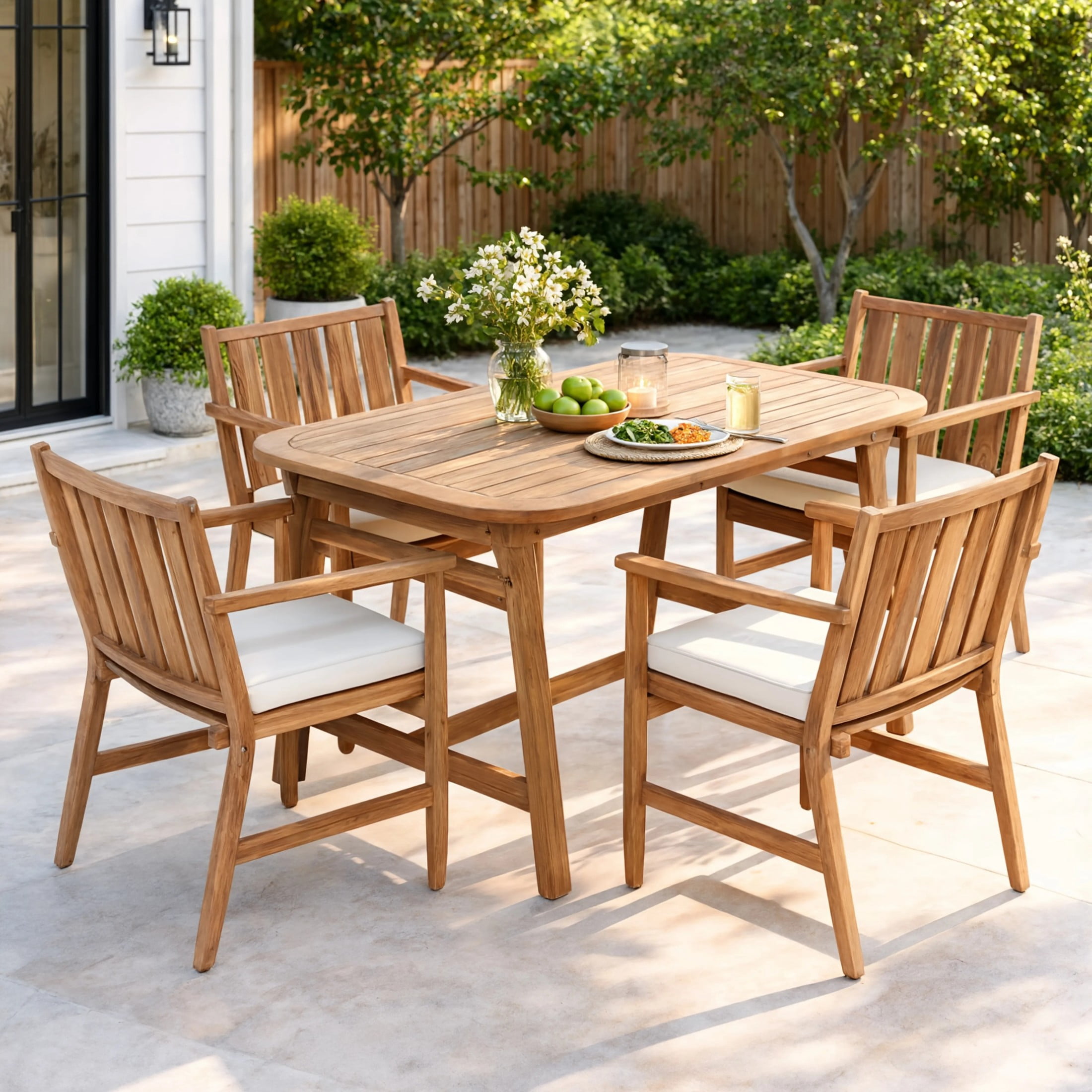 Christopher Knight Home 5-Piece Extendable Acacia Wood Patio Dining Set with Cushioned Chairs, Teak+Beige