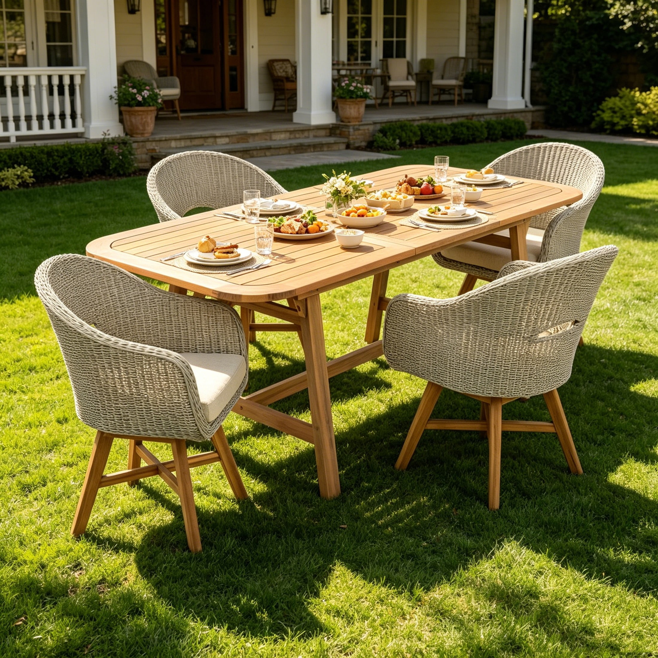 Christopher Knight Home 5-Piece Extendable Patio Dining Set, Wood Table and Rattan Chairs, Teak+Gray Ash