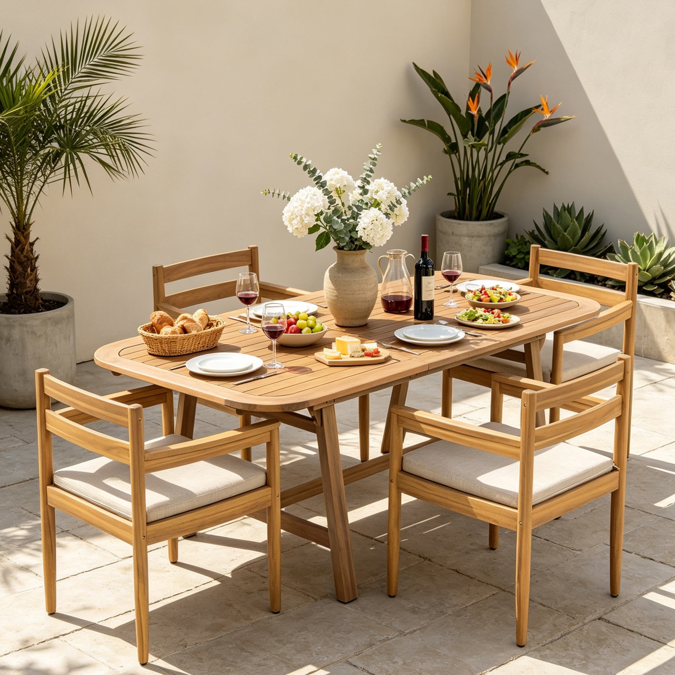 Christopher Knight Home 5-Piece Extendable Solid Wood Patio Dining Set with 4 Chairs, Light Teak+Beige