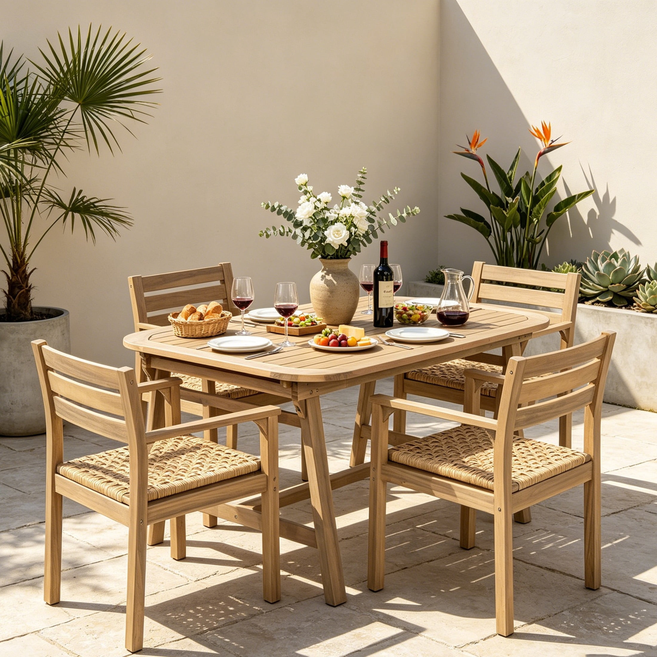 Christopher Knight Home 5-Piece Extendable Wood Patio Dining Set with Rustic Wicker Chairs, Light Teak